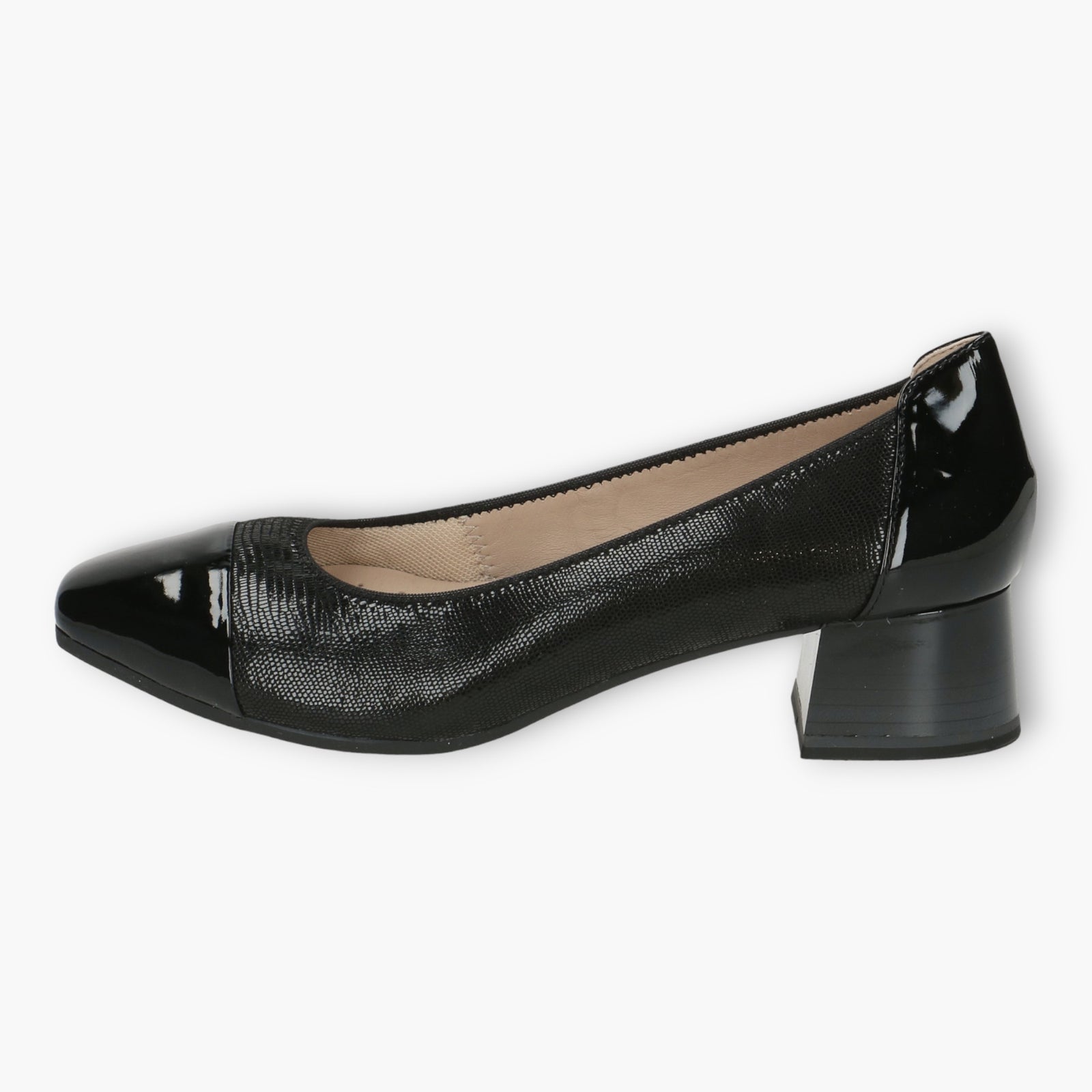 Caprice Black Patent Court Shoes - Block Heel, Wide Fit & Comfortable - Leavys Shoes