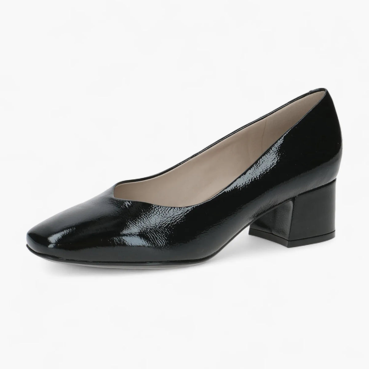 Caprice Black Naplak Court Shoe with Block Heel - Leavys Shoes
