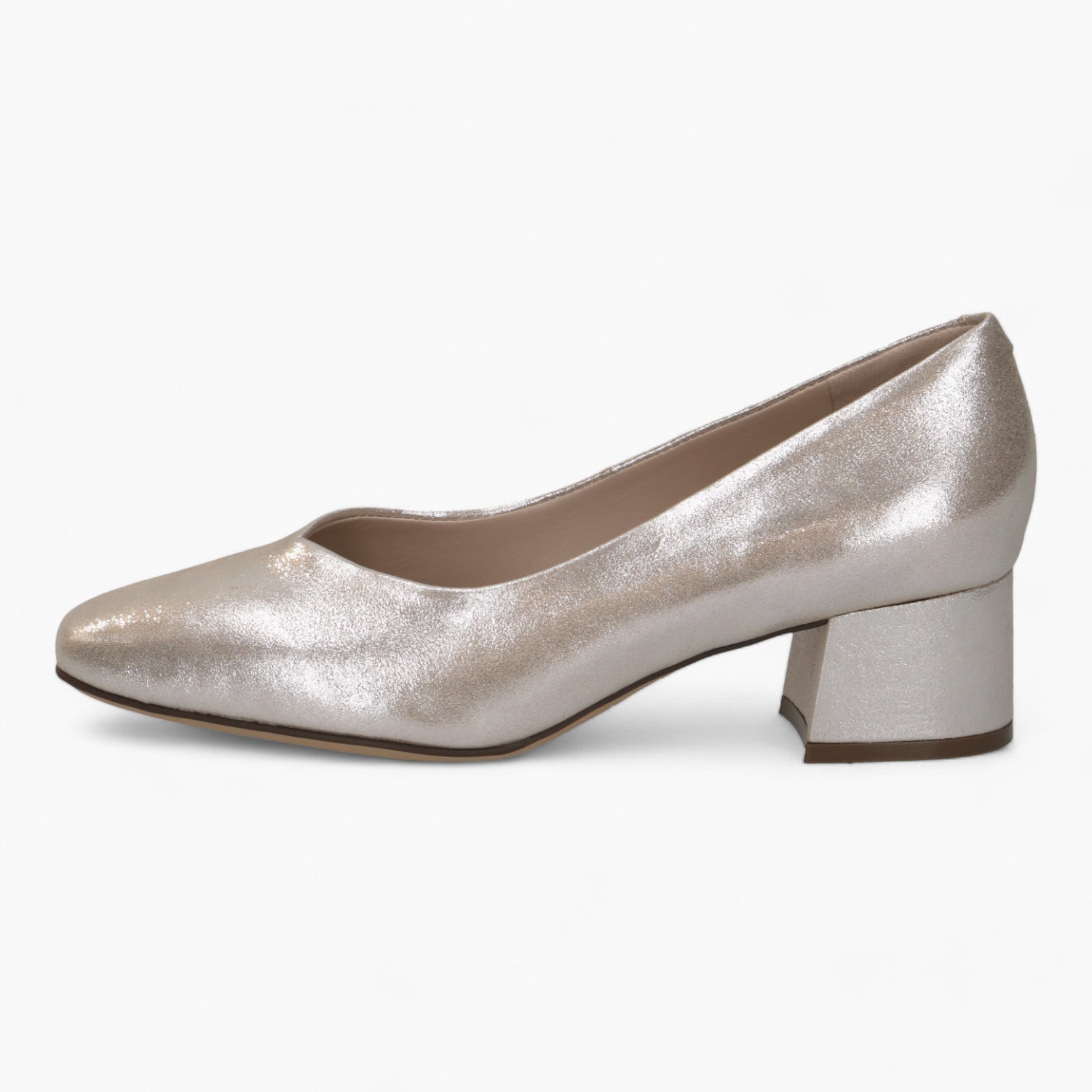 Caprice Metallic Block Heel – Square Toe & Fish Cut Detail