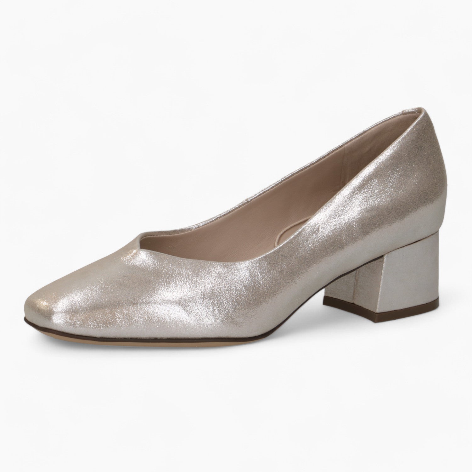 Caprice Metallic Block Heel – Square Toe & Fish Cut Detail - Leavys Shoes