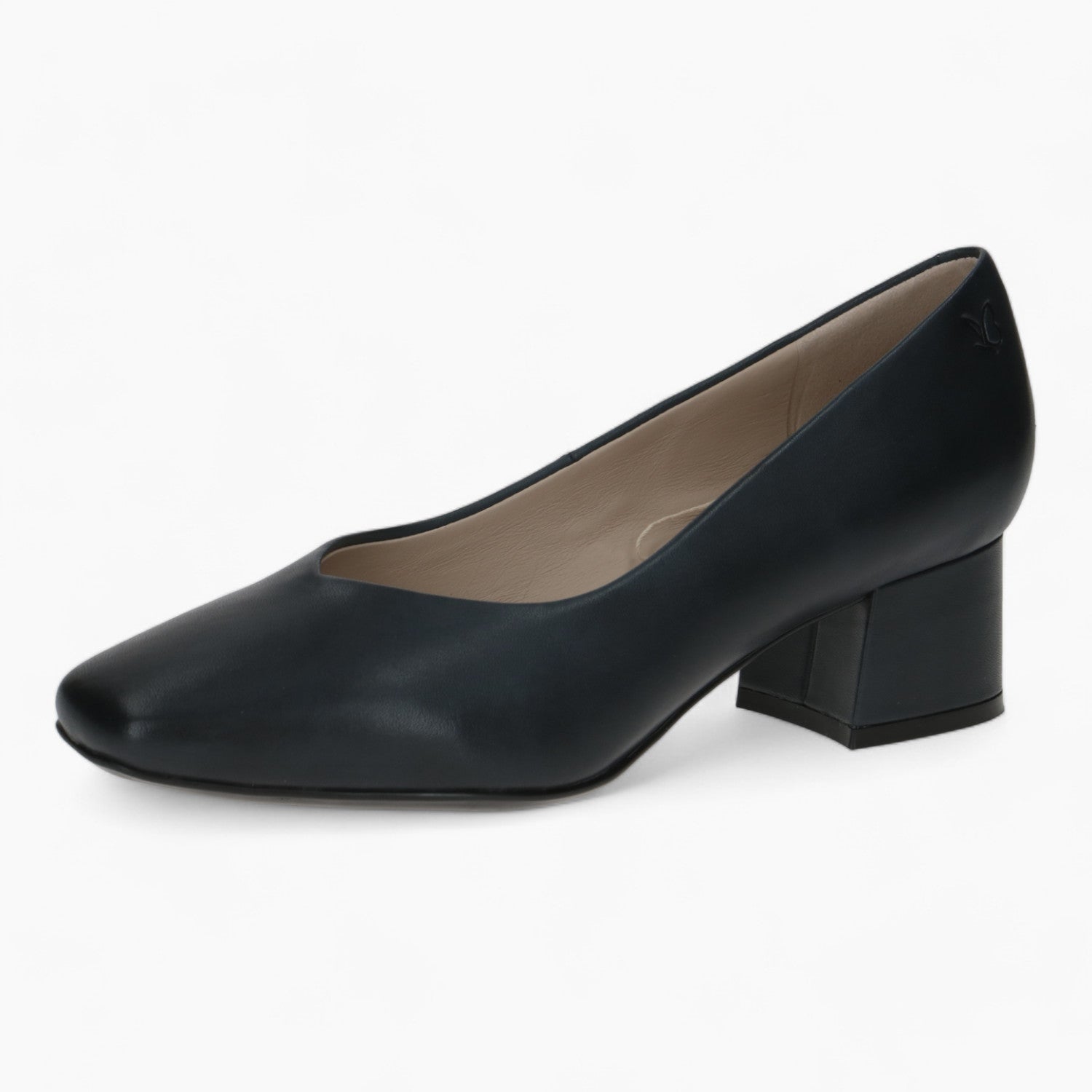 Caprice Navy Block Heel – Square Toe with Fish Cut Detail - Leavys Shoes