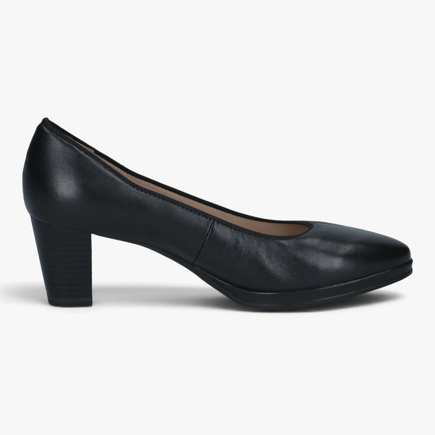 Caprice Black Leather Comfort Block Heel Court Shoes