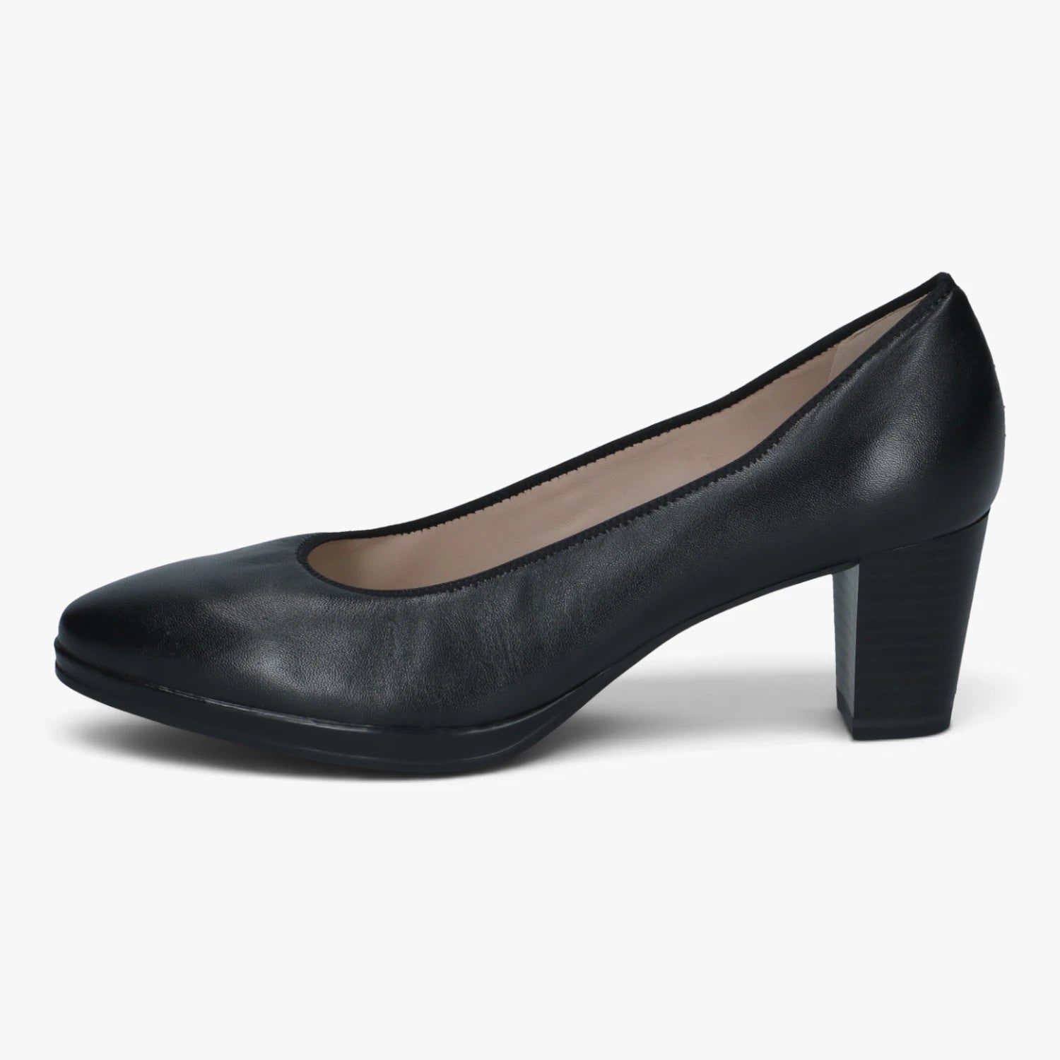 Caprice Black Leather Comfort Block Heel Court Shoes