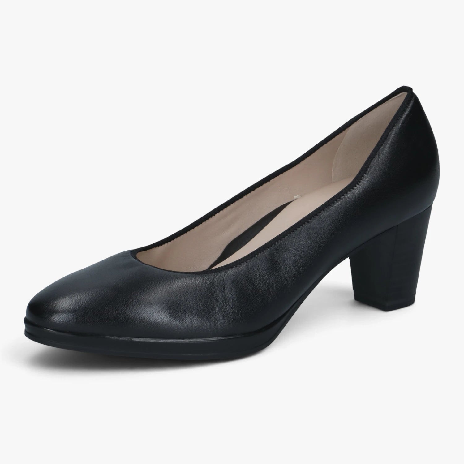 Caprice Black Leather Comfort Block Heel Court Shoes