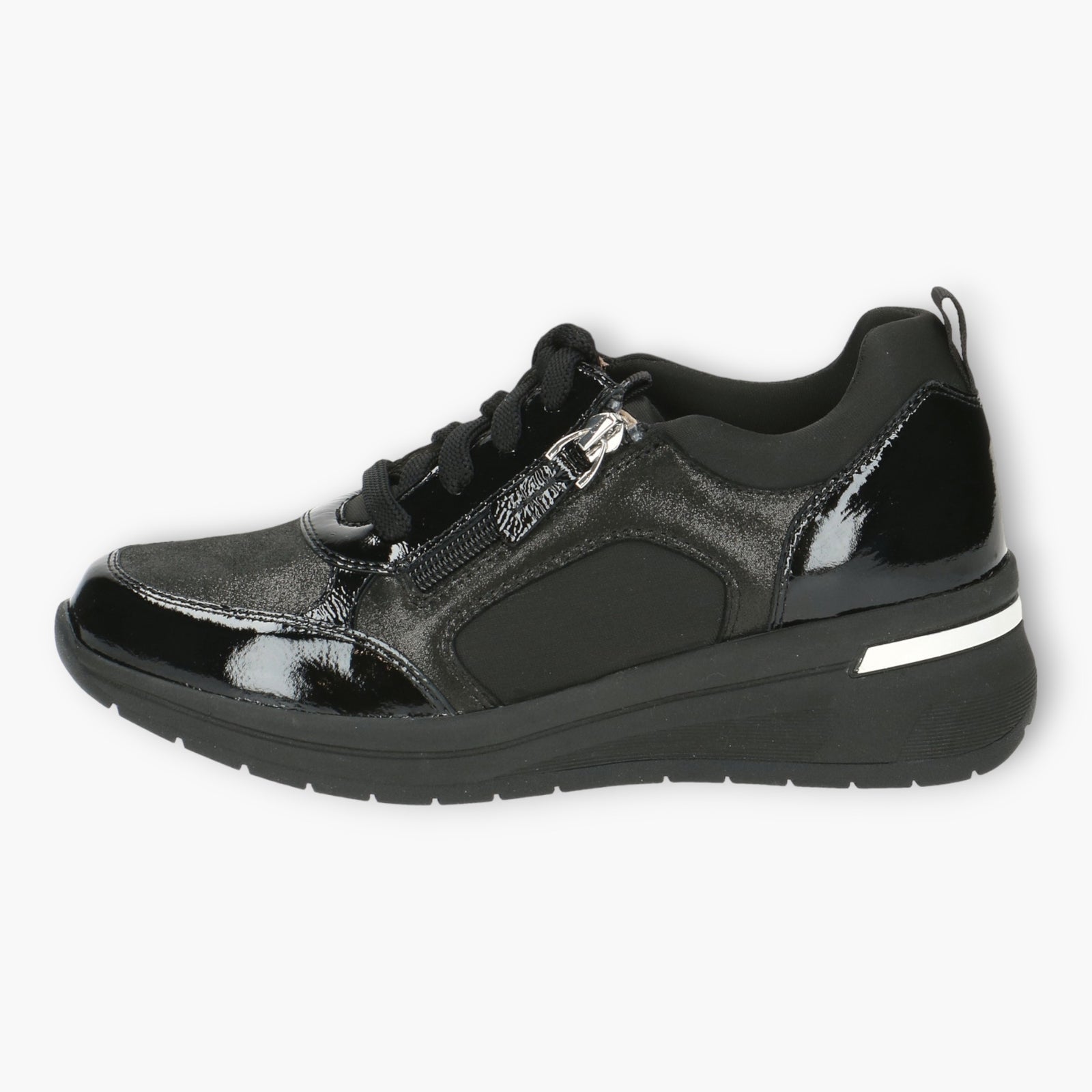 Caprice Black Trainers with Patent Details, Laces & Side Zip - Wide Sole, Wide Fit, Comfort Focused - Leavys Shoes