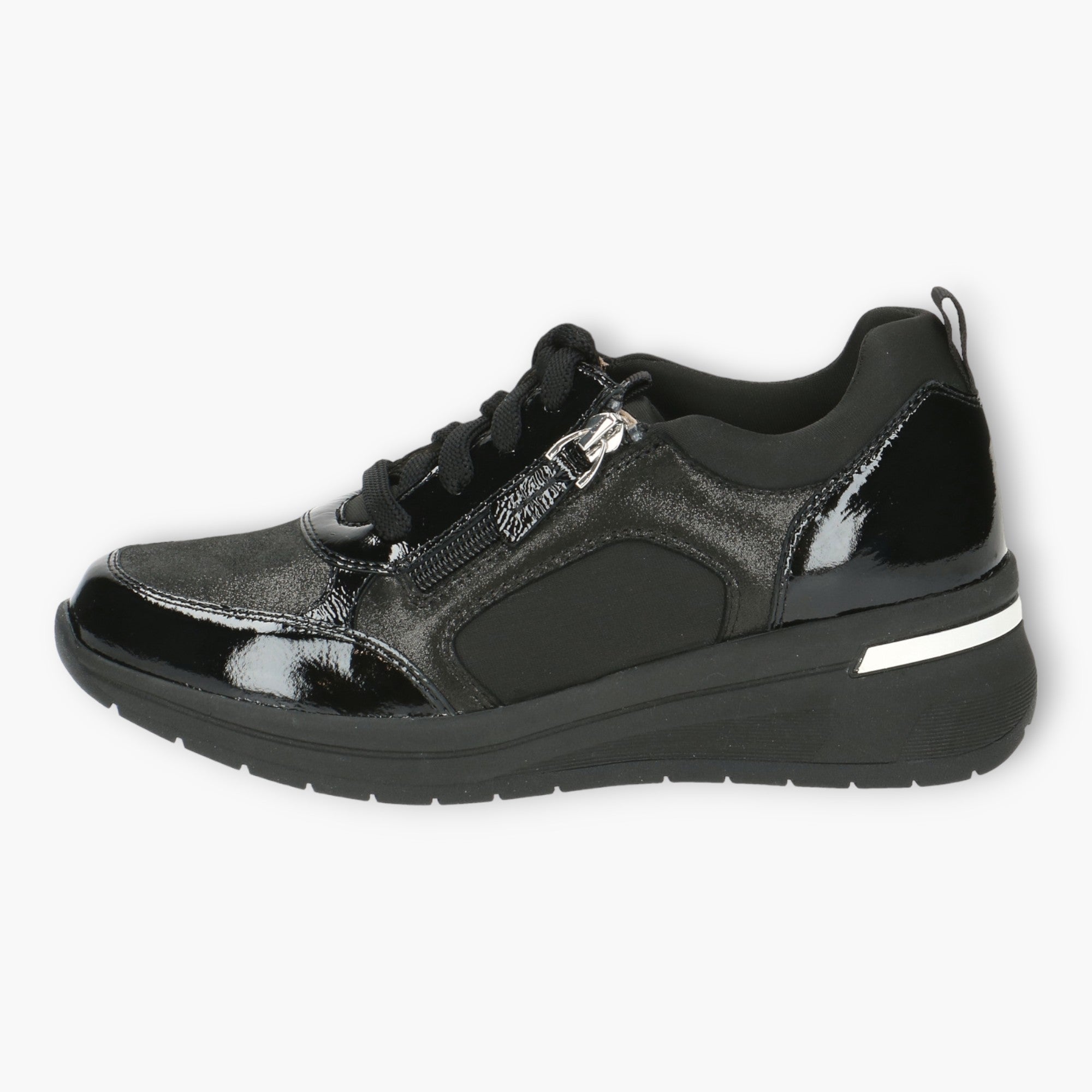 Caprice Black Trainers with Patent Details, Laces & Side Zip - Wide Sole, Wide Fit, Comfort Focused