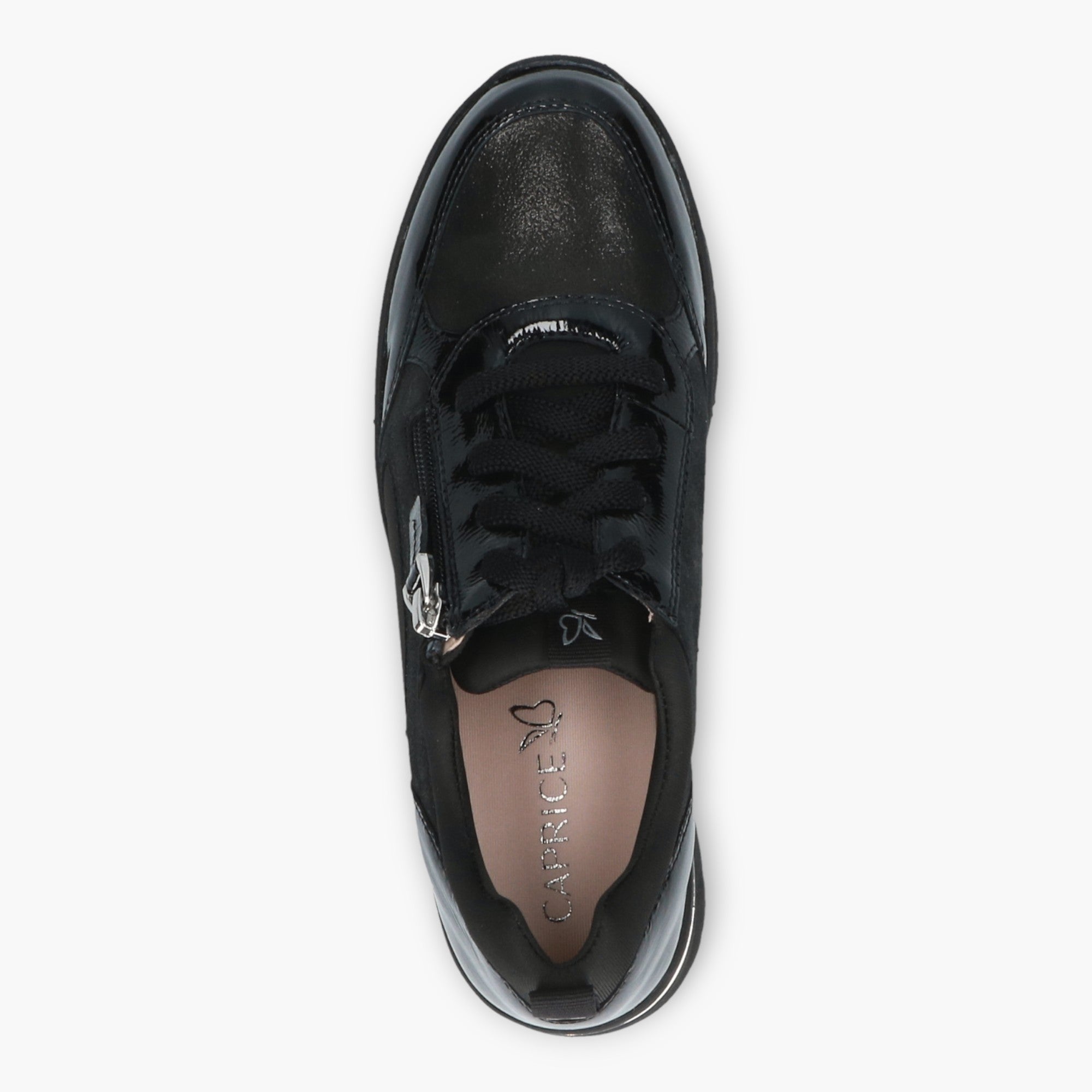 Caprice Black Trainers with Patent Details, Laces & Side Zip - Wide Sole, Wide Fit, Comfort Focused