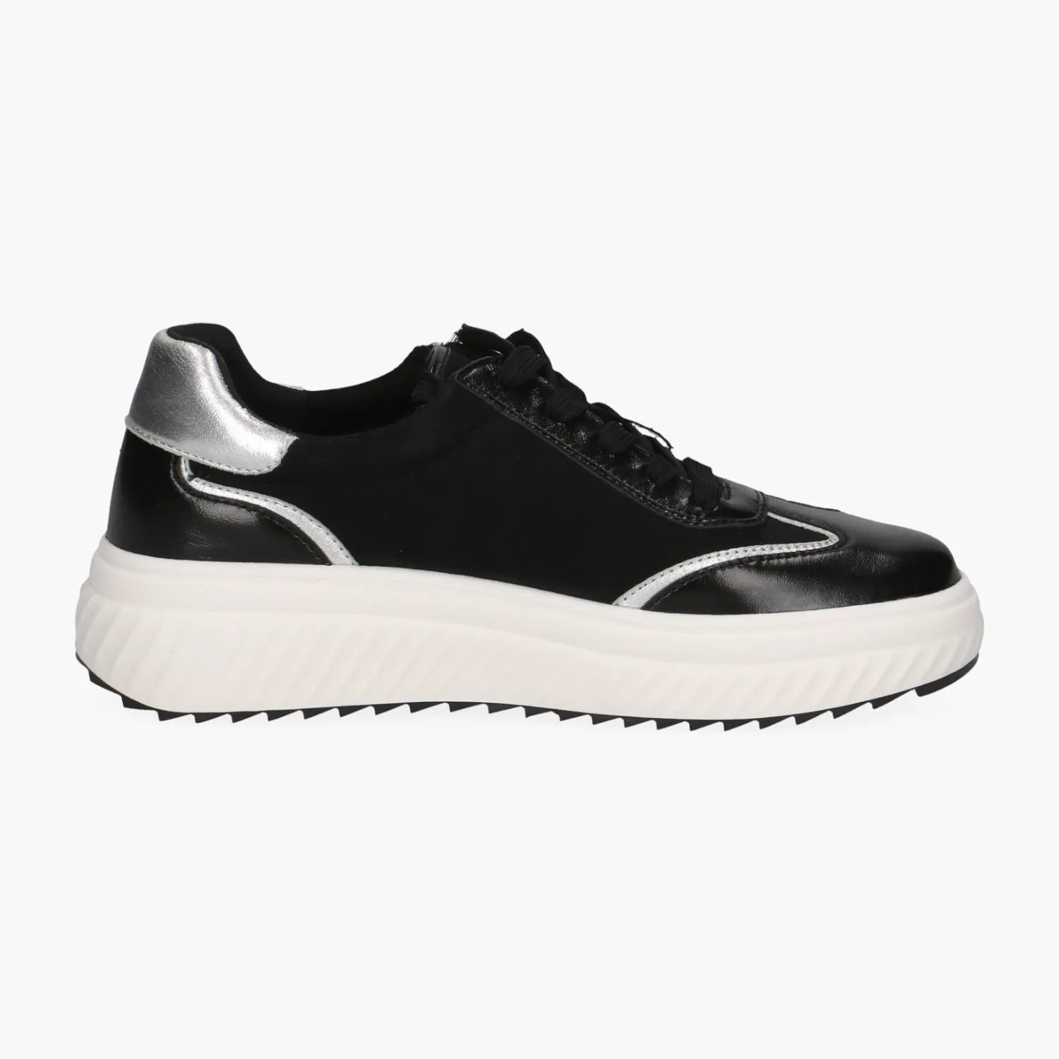 Caprice Black Leather Lace-Up with Silver Trim & Zip - Leavys Shoes