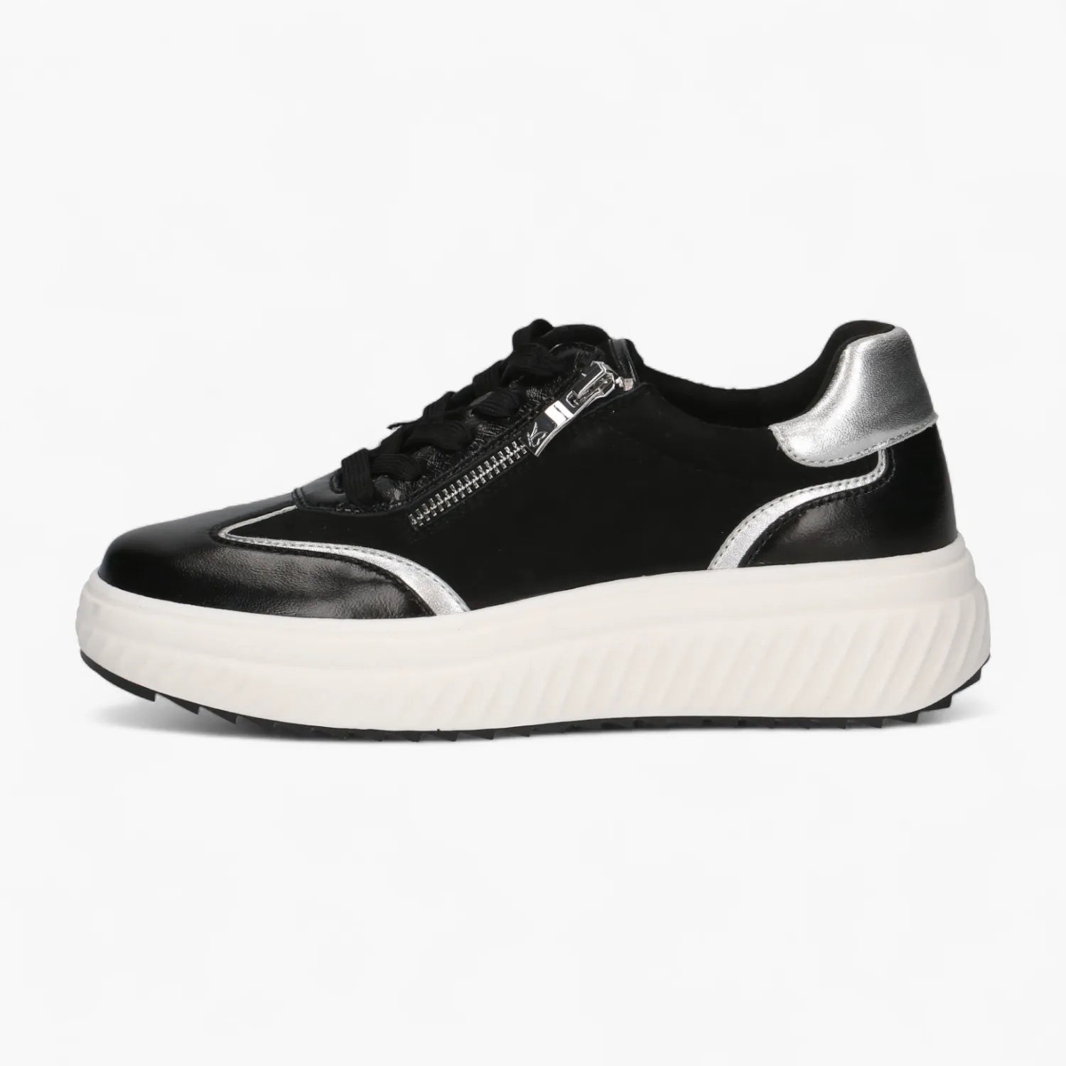 Caprice Black Leather Lace-Up with Silver Trim & Zip - Leavys Shoes