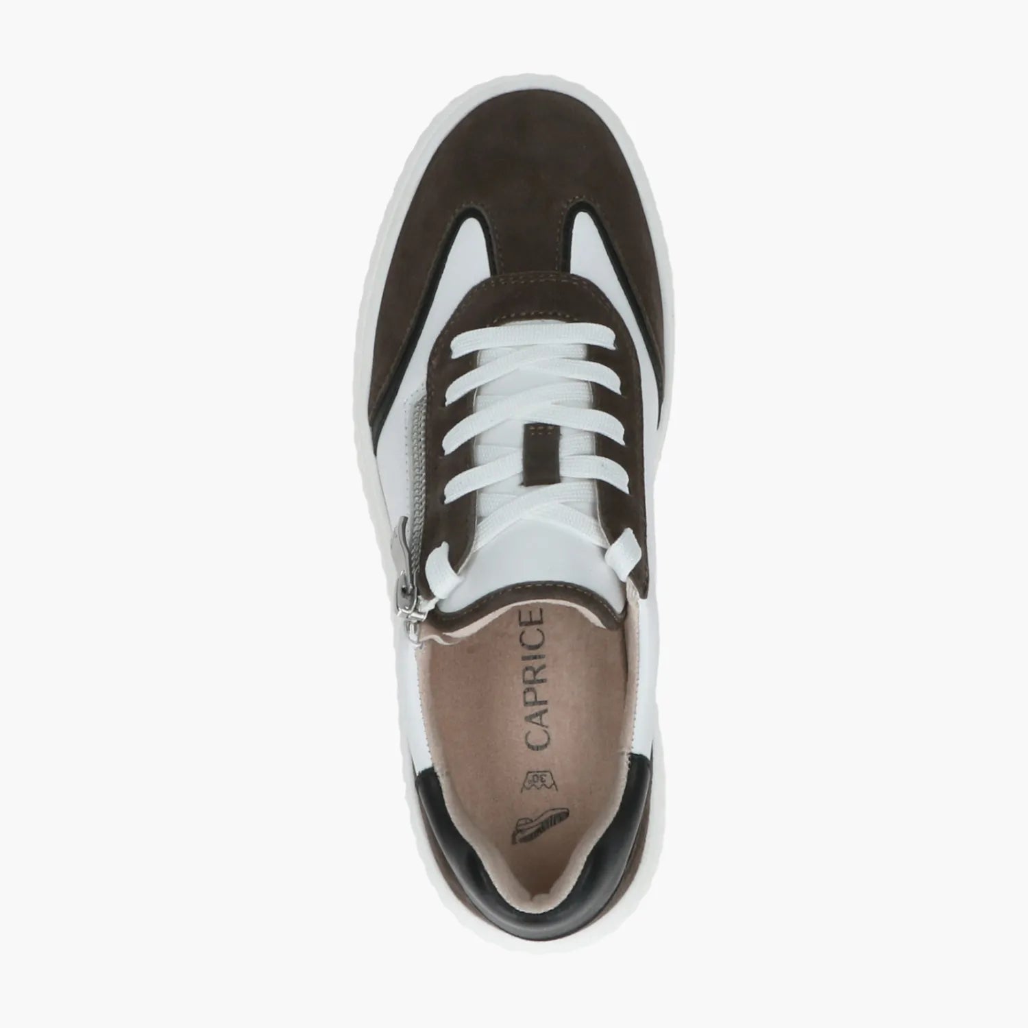 Caprice Leather White & Grey Lace-Up Trainer with Zip - Leavys Shoes