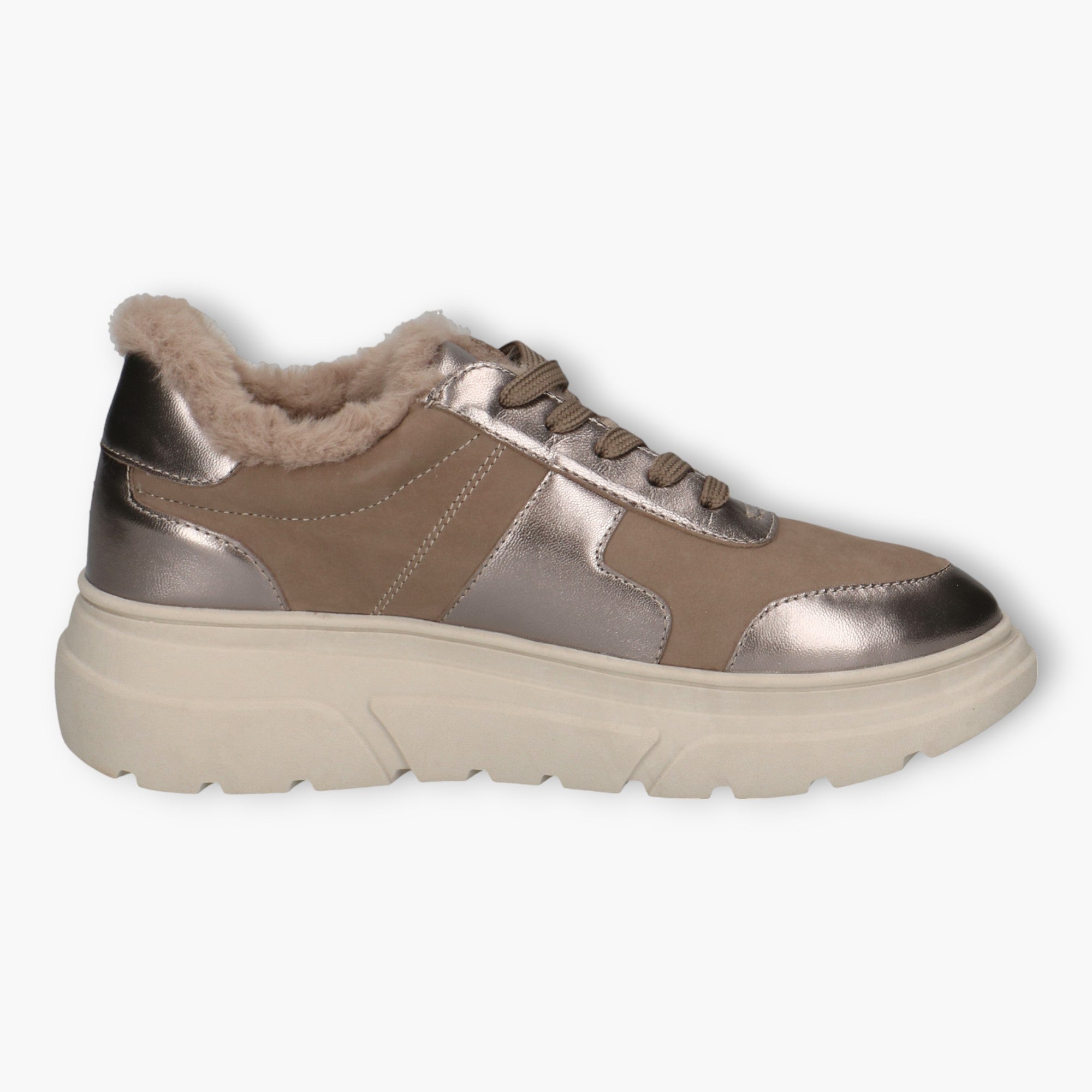 Caprice Taupe Leather Lace-Up Runners with Faux Fur Lining - Leavys Shoes