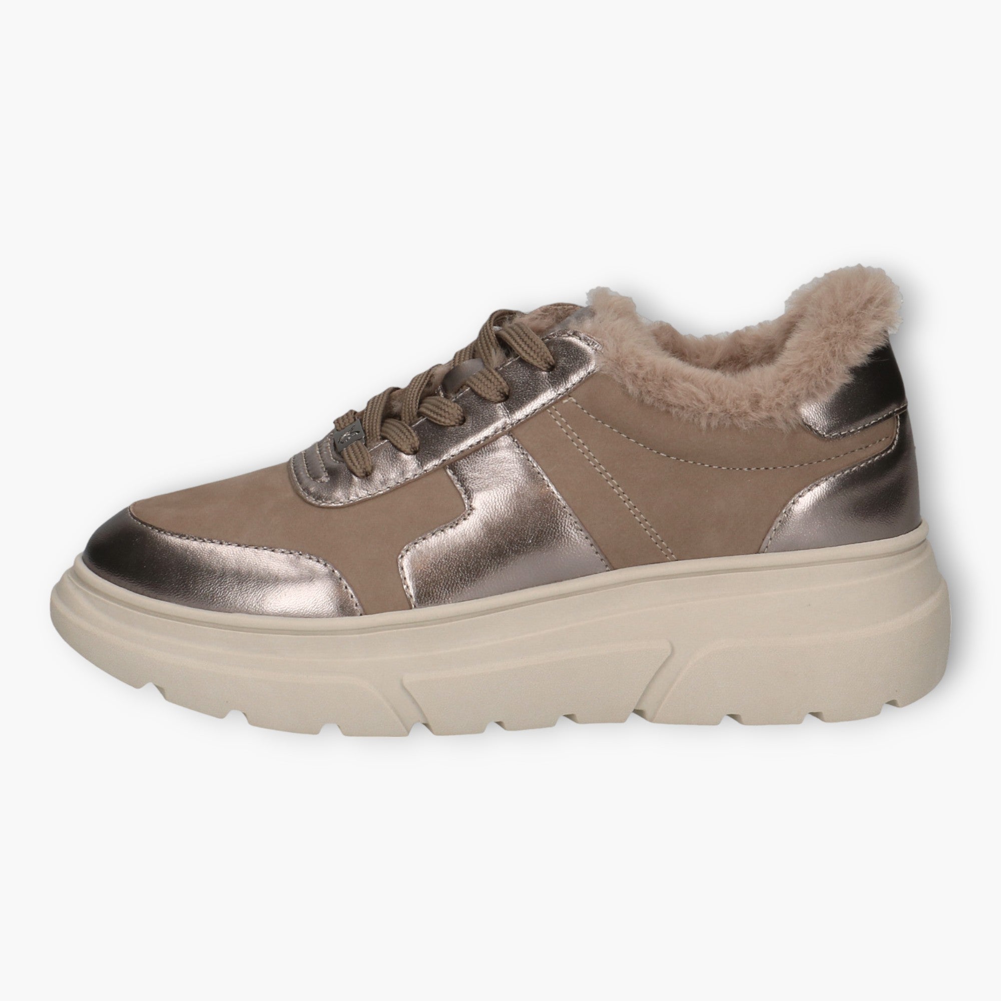 Caprice Taupe Leather Lace-Up Runners with Faux Fur Lining - Leavys Shoes