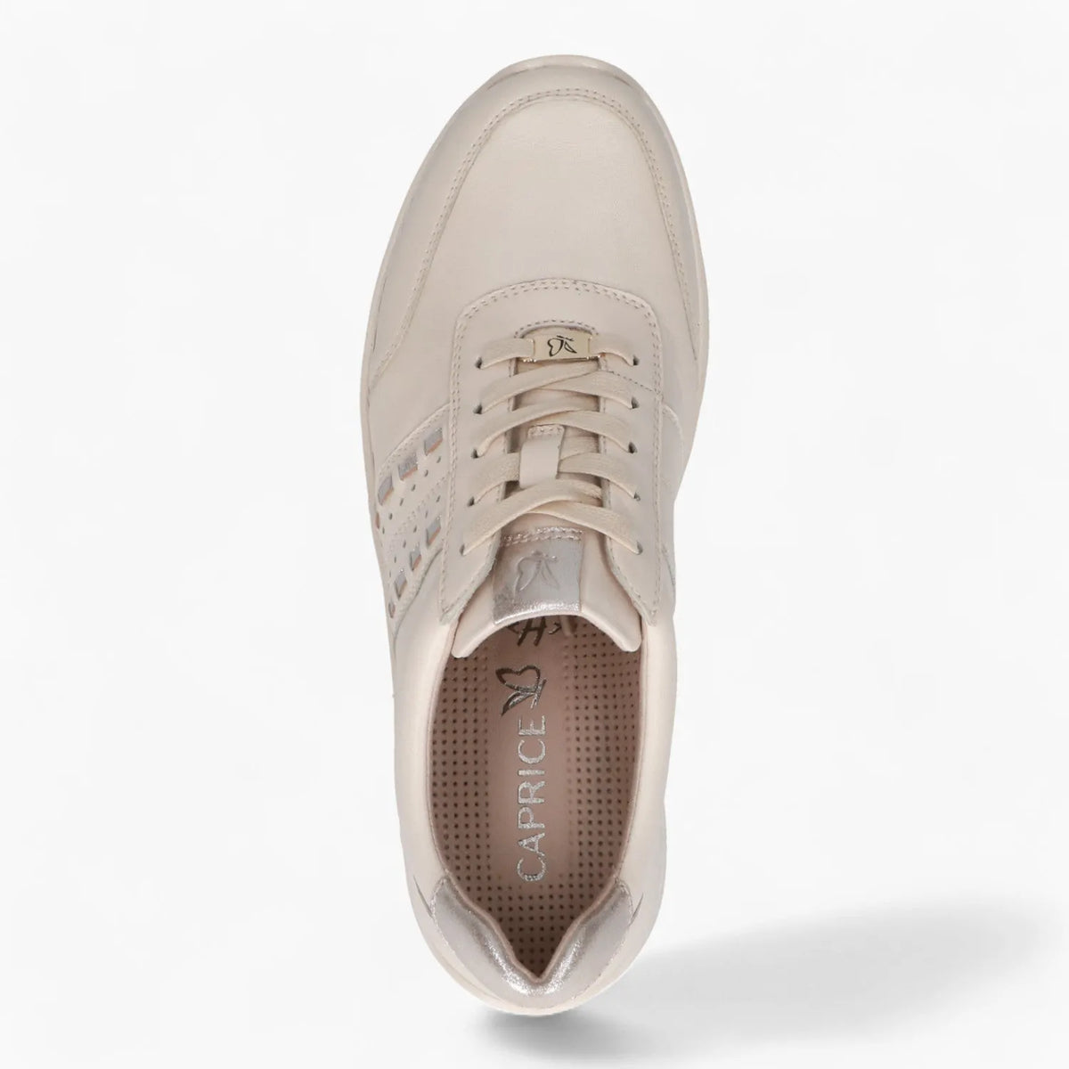 Caprice Beige Leather Runner – Wide Fit with Silver Accents - Leavys Shoes