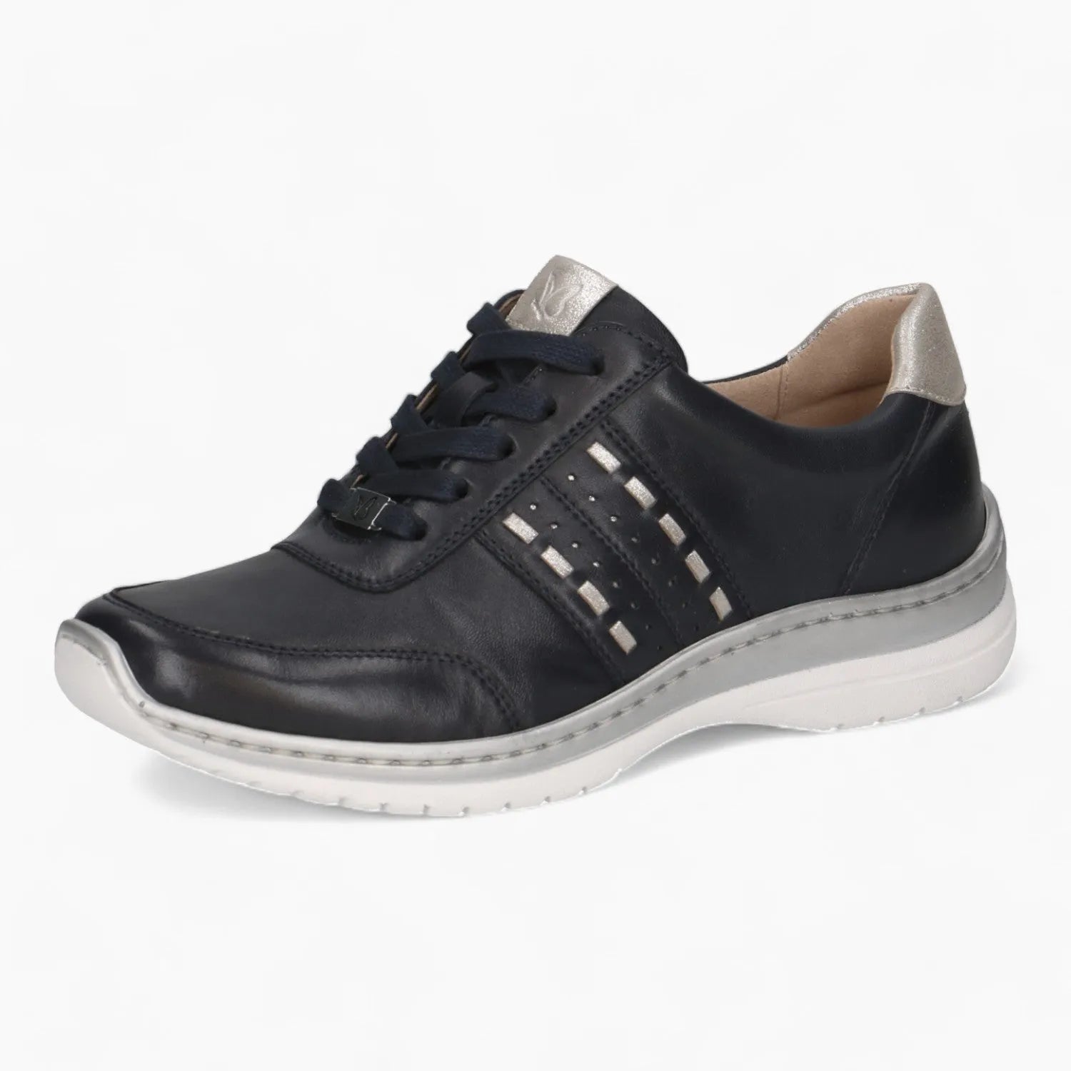 Caprice Navy Leather Runner – Wide Fit with Silver Accents - Leavys Shoes