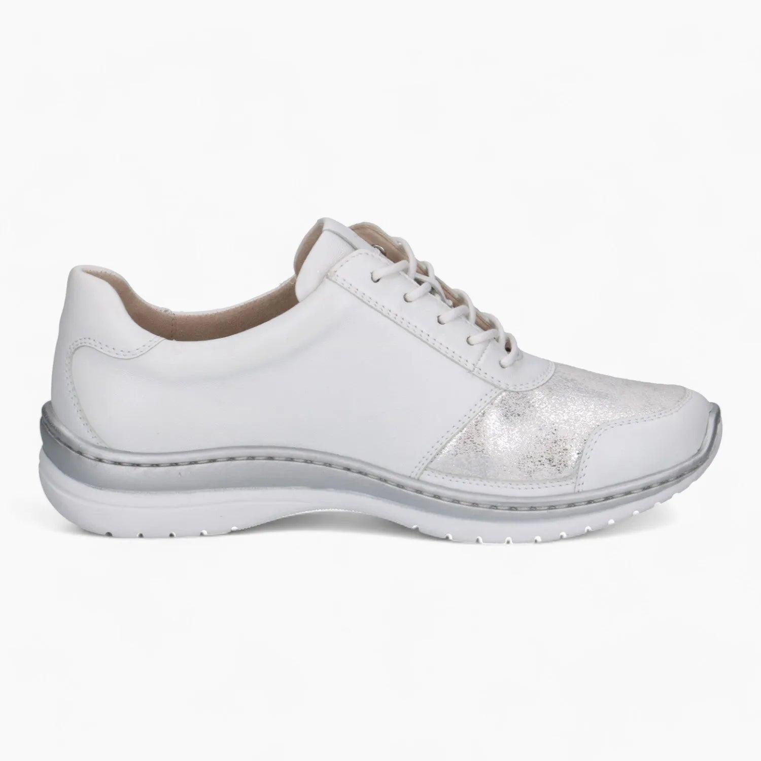 Caprice White Leather Runner – Metallic Toe & Side Zipper - Leavys Shoes