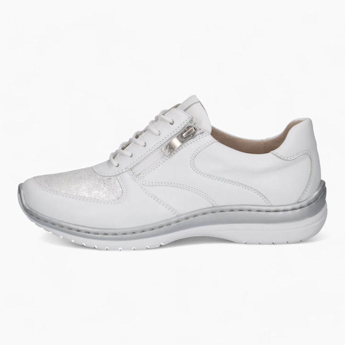 Caprice White Leather Runner – Metallic Toe &amp; Side Zipper - Leavys Shoes
