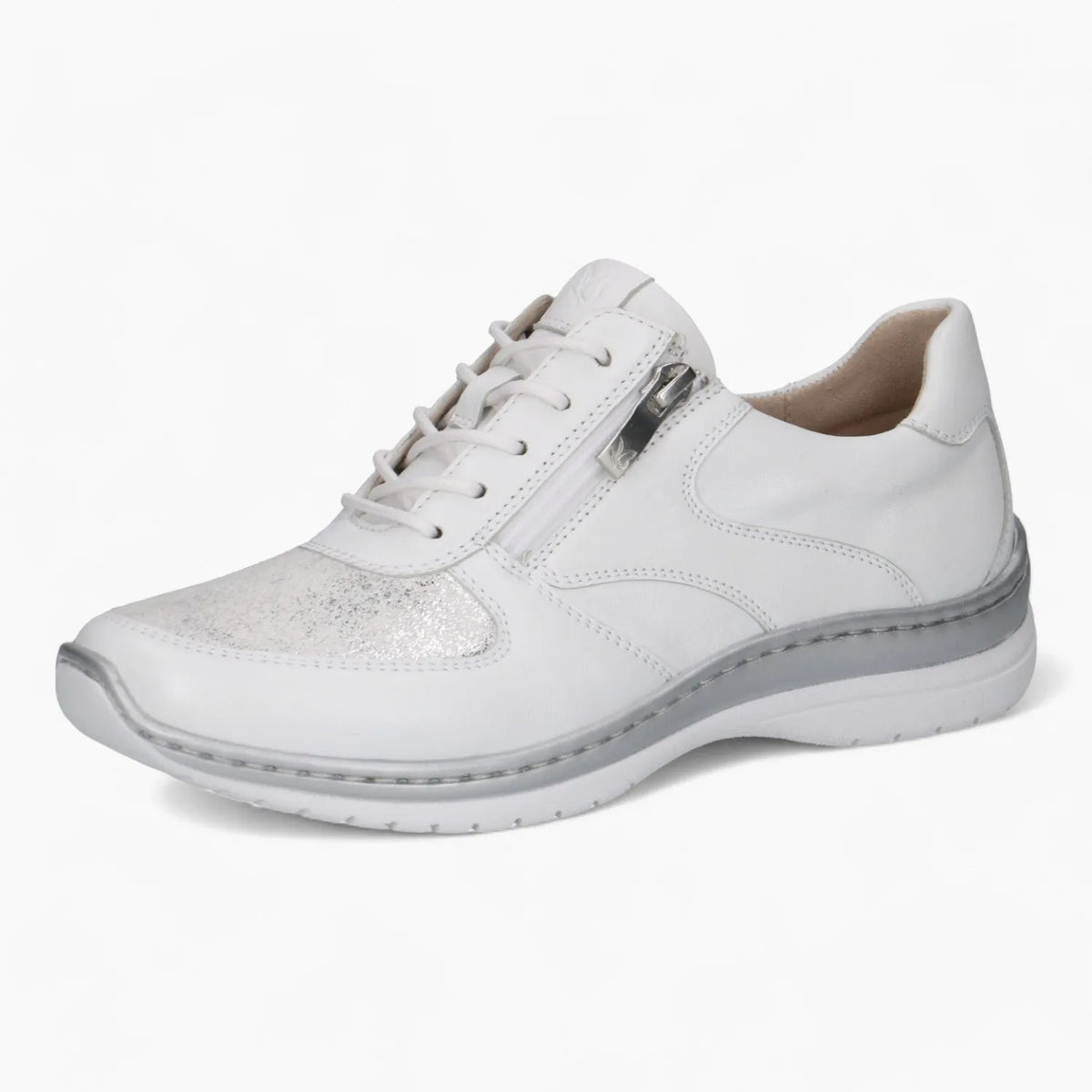 Caprice White Leather Runner – Metallic Toe & Side Zipper - Leavys Shoes