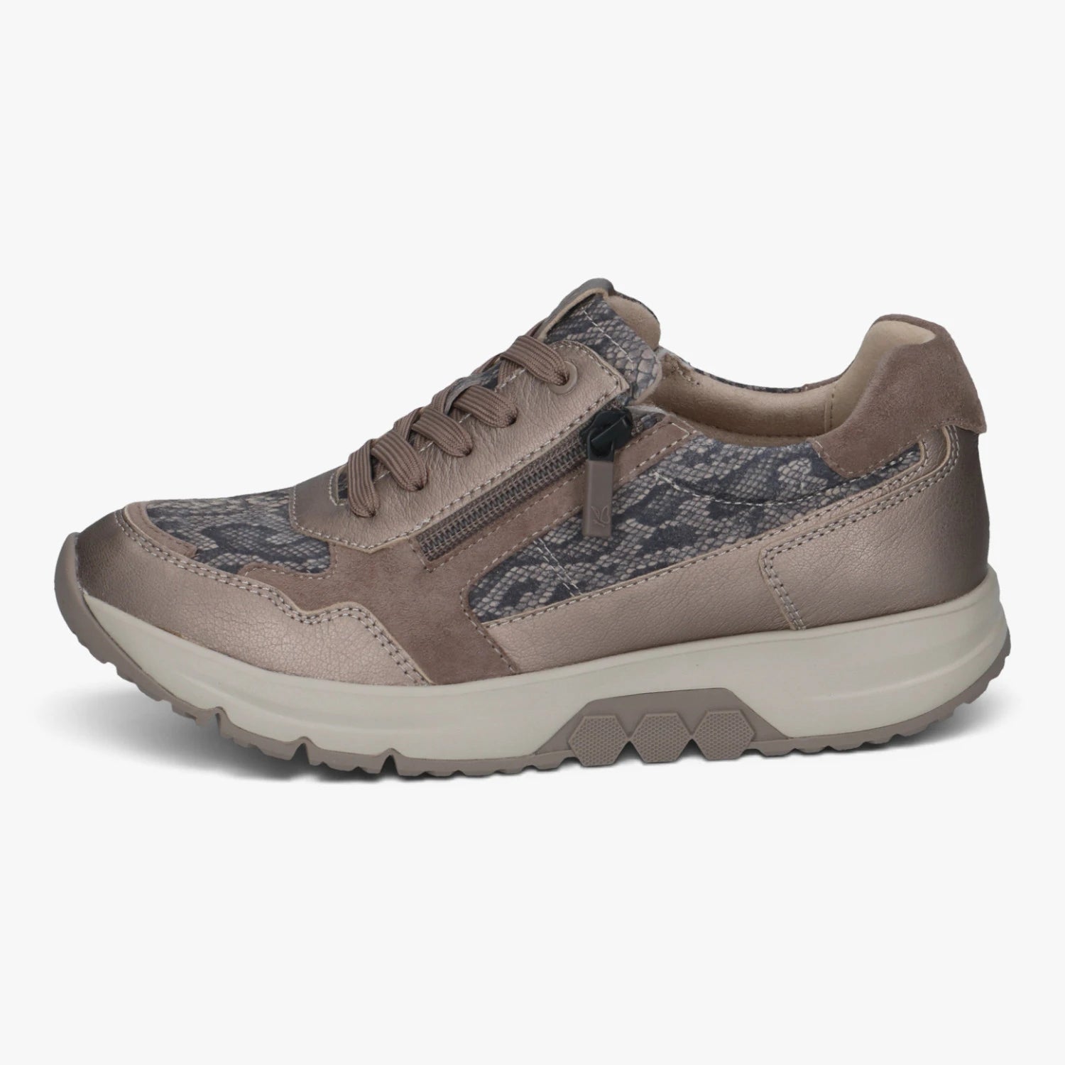Caprice Taupe Snake Print Wide Fit Leather Trainers