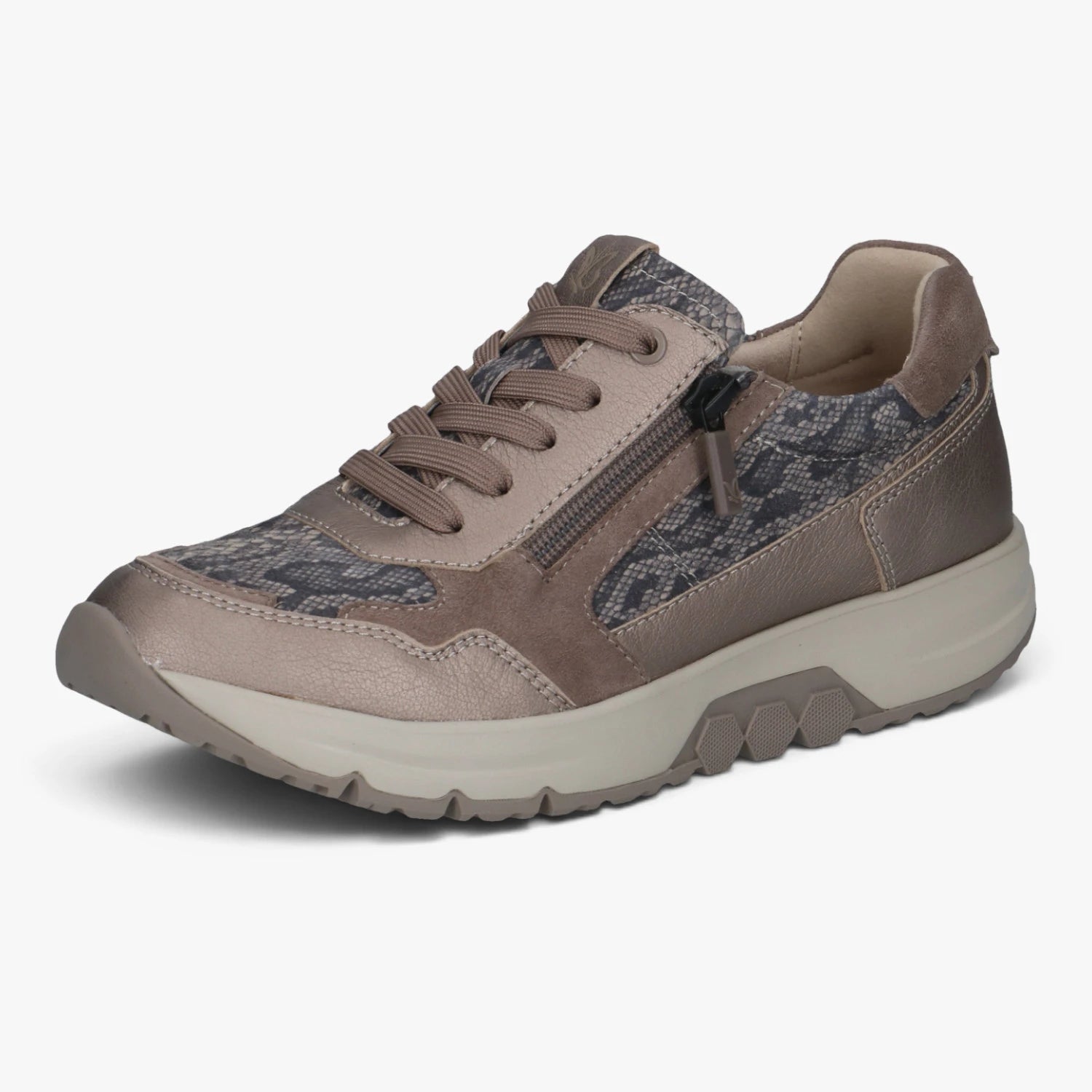 Caprice Taupe Snake Print Wide Fit Leather Trainers