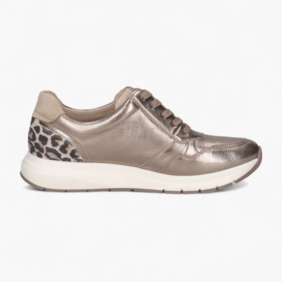 Caprice Taupe Metallic Lace-Up Trainer with Leopard Trim - Leavys Shoes