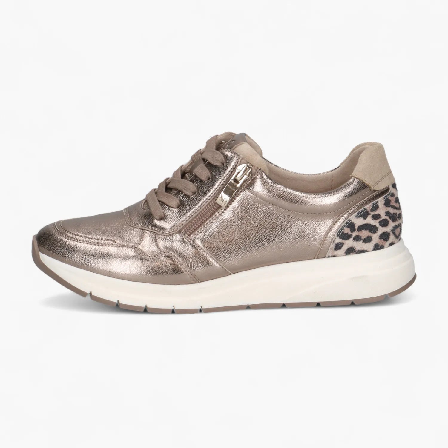 Caprice Taupe Metallic Lace-Up Trainer with Leopard Trim - Leavys Shoes