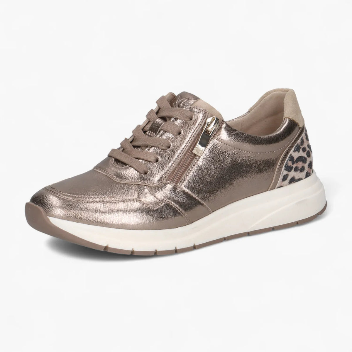 Caprice Taupe Metallic Lace-Up Trainer with Leopard Trim - Leavys Shoes