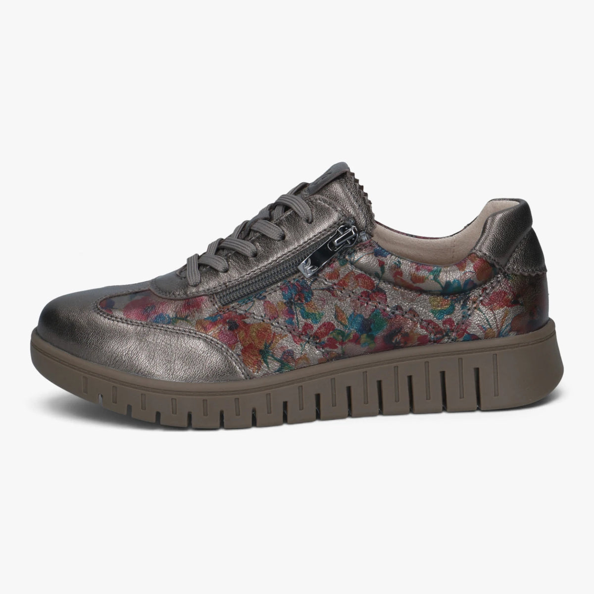 Caprice Pewter Floral Wide Fit Leather Trainers