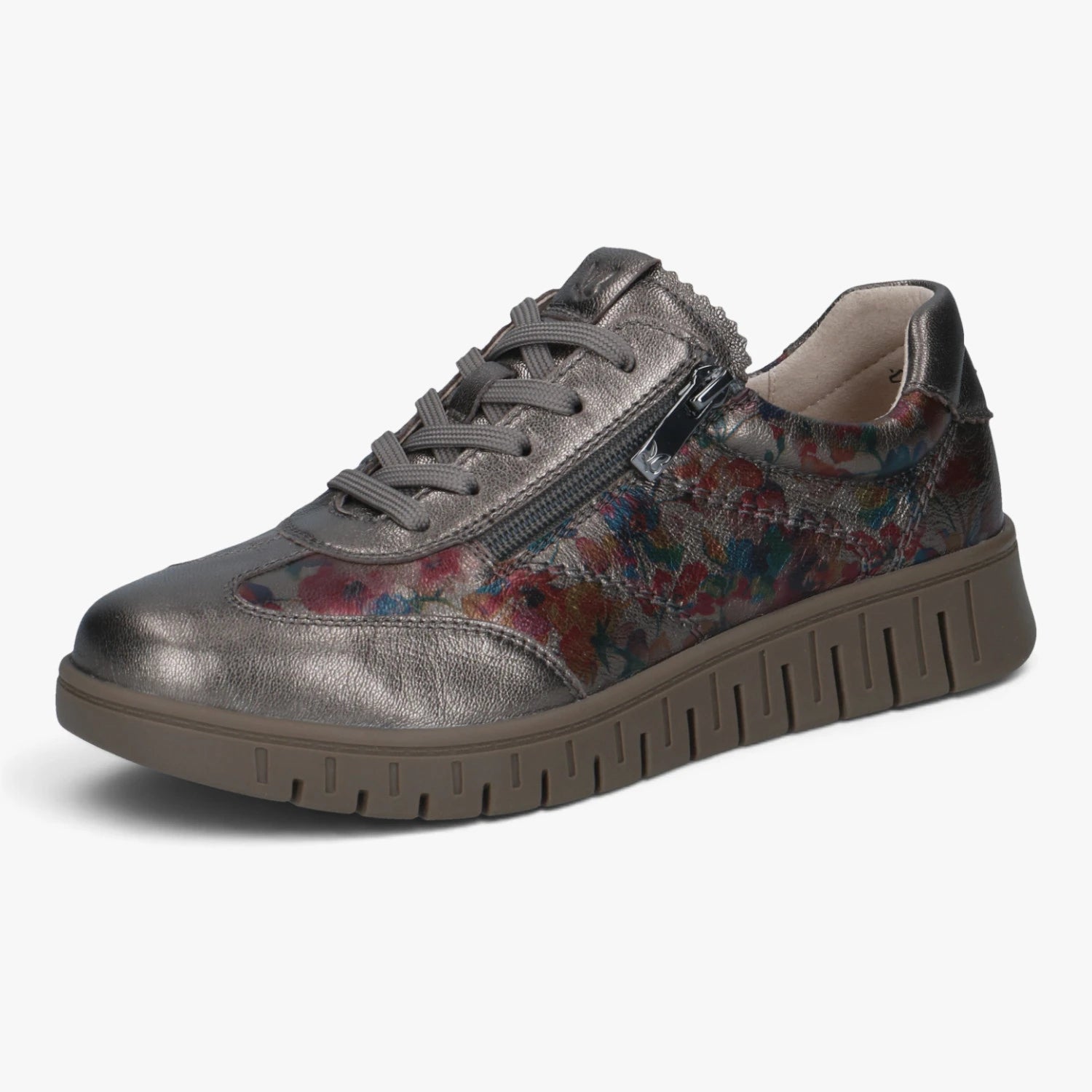 Caprice Pewter Floral Wide Fit Leather Trainers