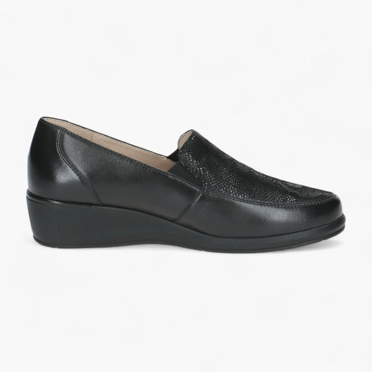 Caprice Black Leather Wedge Loafer with Reptile Finish - Leavys Shoes