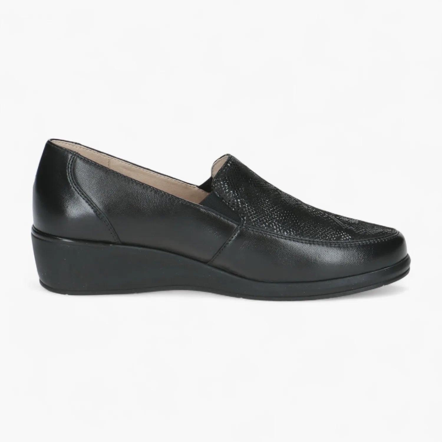 Caprice Black Leather Wedge Loafer with Reptile Finish - Leavys Shoes