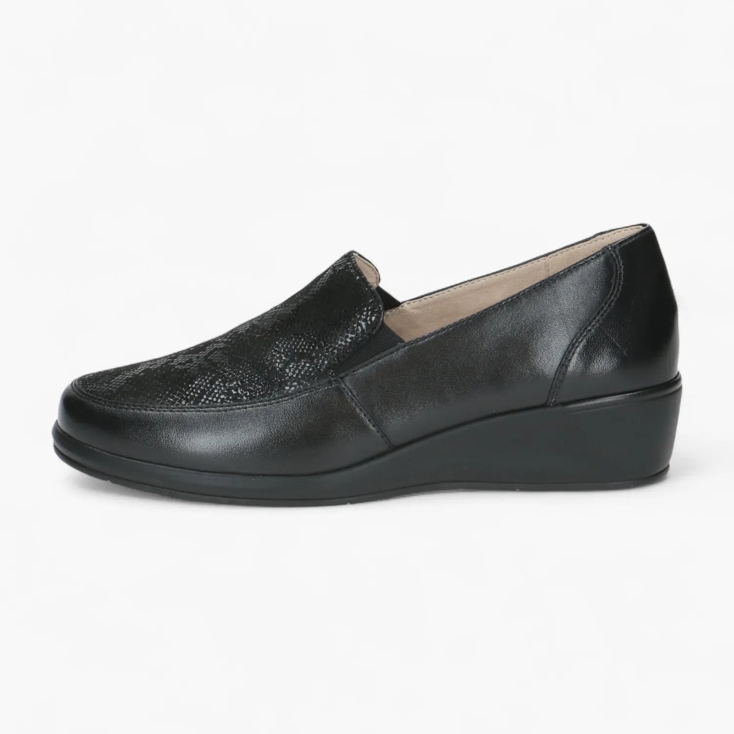 Caprice Black Leather Wedge Loafer with Reptile Finish - Leavys Shoes