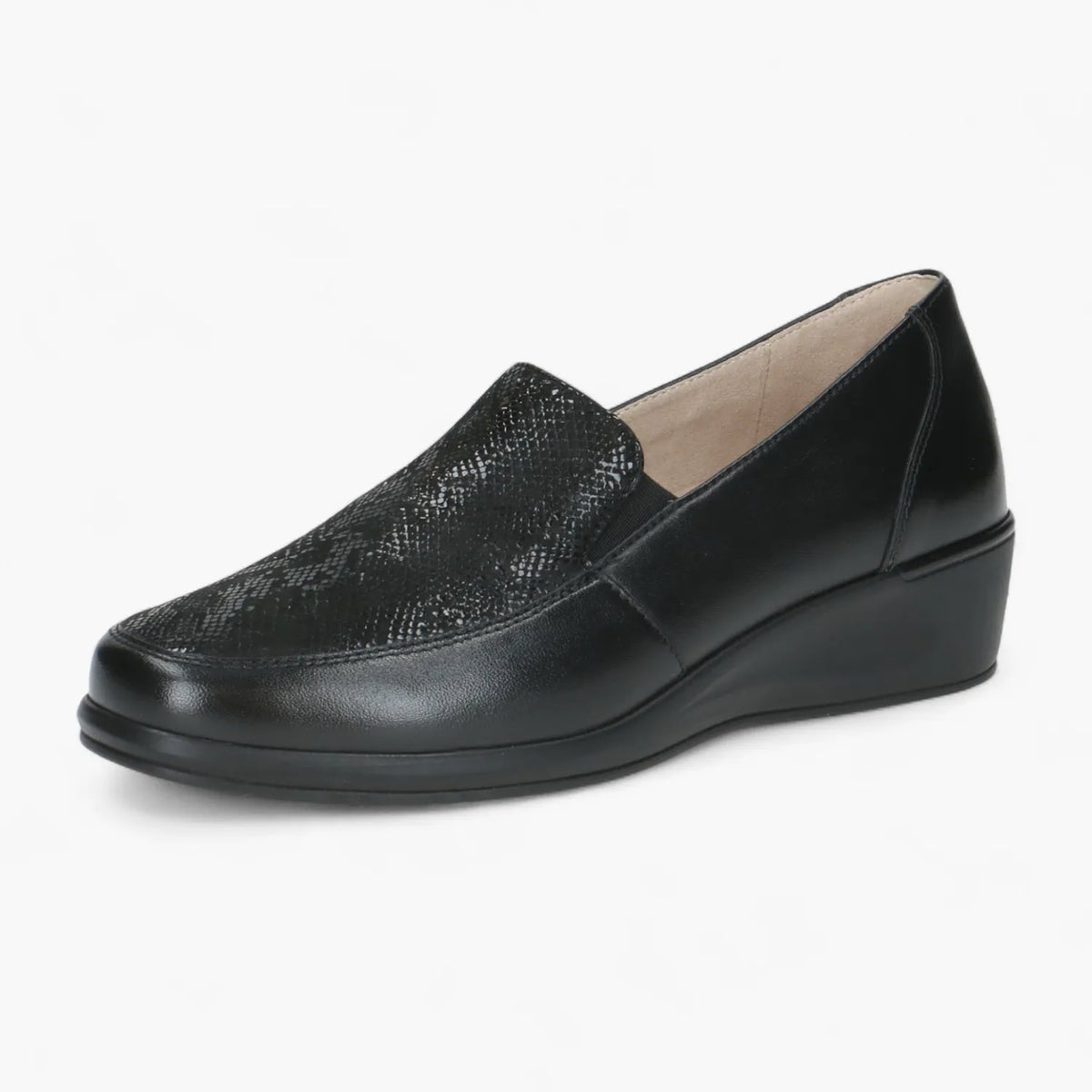 Caprice Black Leather Wedge Loafer with Reptile Finish - Leavys Shoes