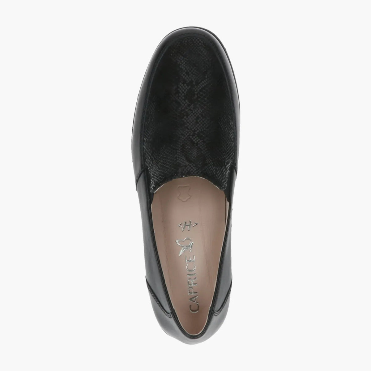 Caprice Black Leather Wedge Loafer with Reptile Finish - Leavys Shoes