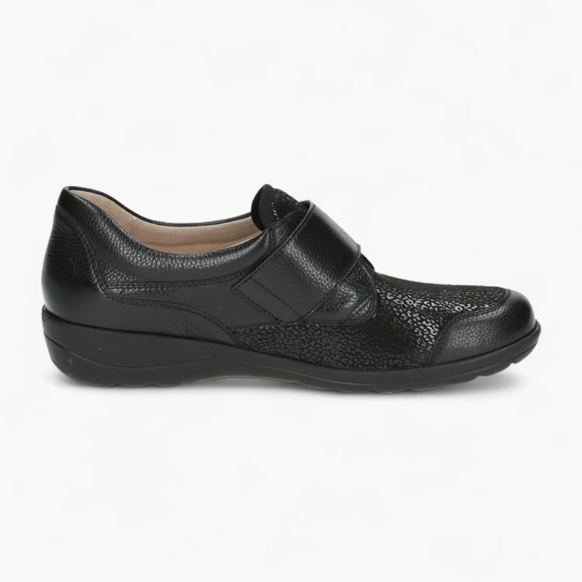 Caprice Black Leather Stretch Slip-On with Velcro & Wedge - Leavys Shoes