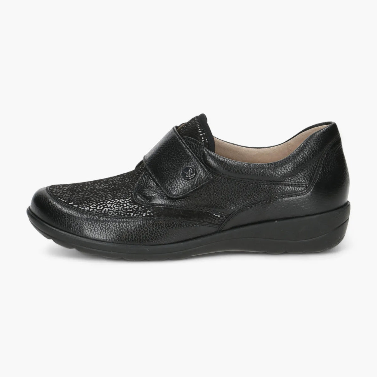 Caprice Black Leather Stretch Slip-On with Velcro &amp; Wedge - Leavys Shoes
