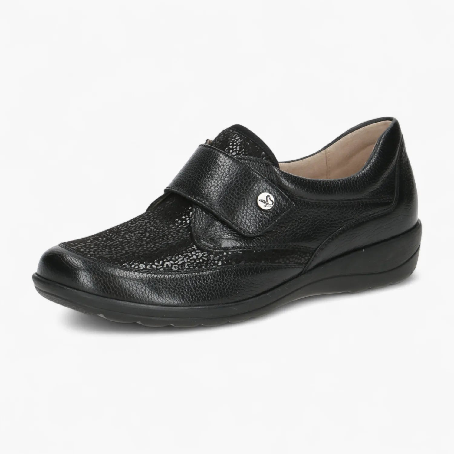 Caprice Black Leather Stretch Slip-On with Velcro & Wedge - Leavys Shoes