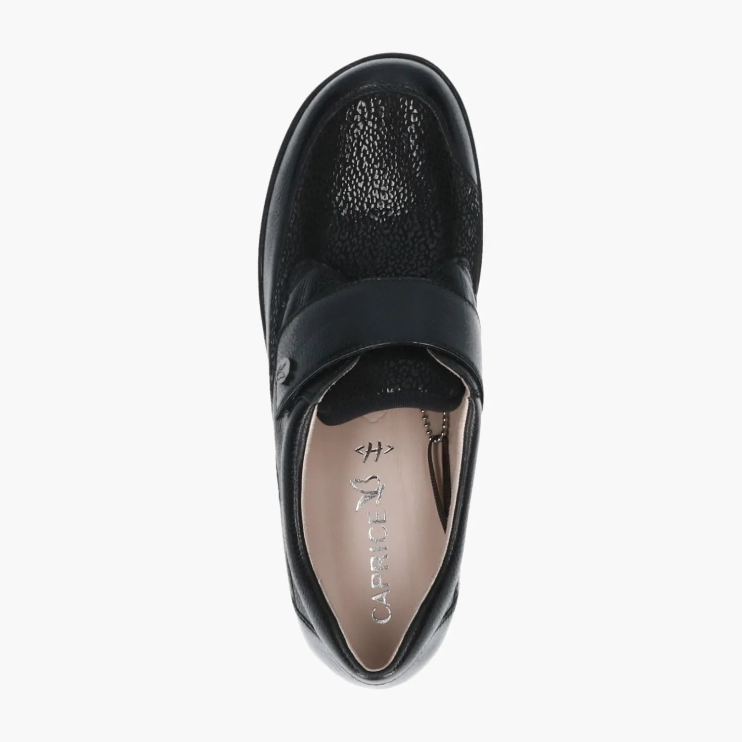 Caprice Black Leather Stretch Slip-On with Velcro & Wedge - Leavys Shoes