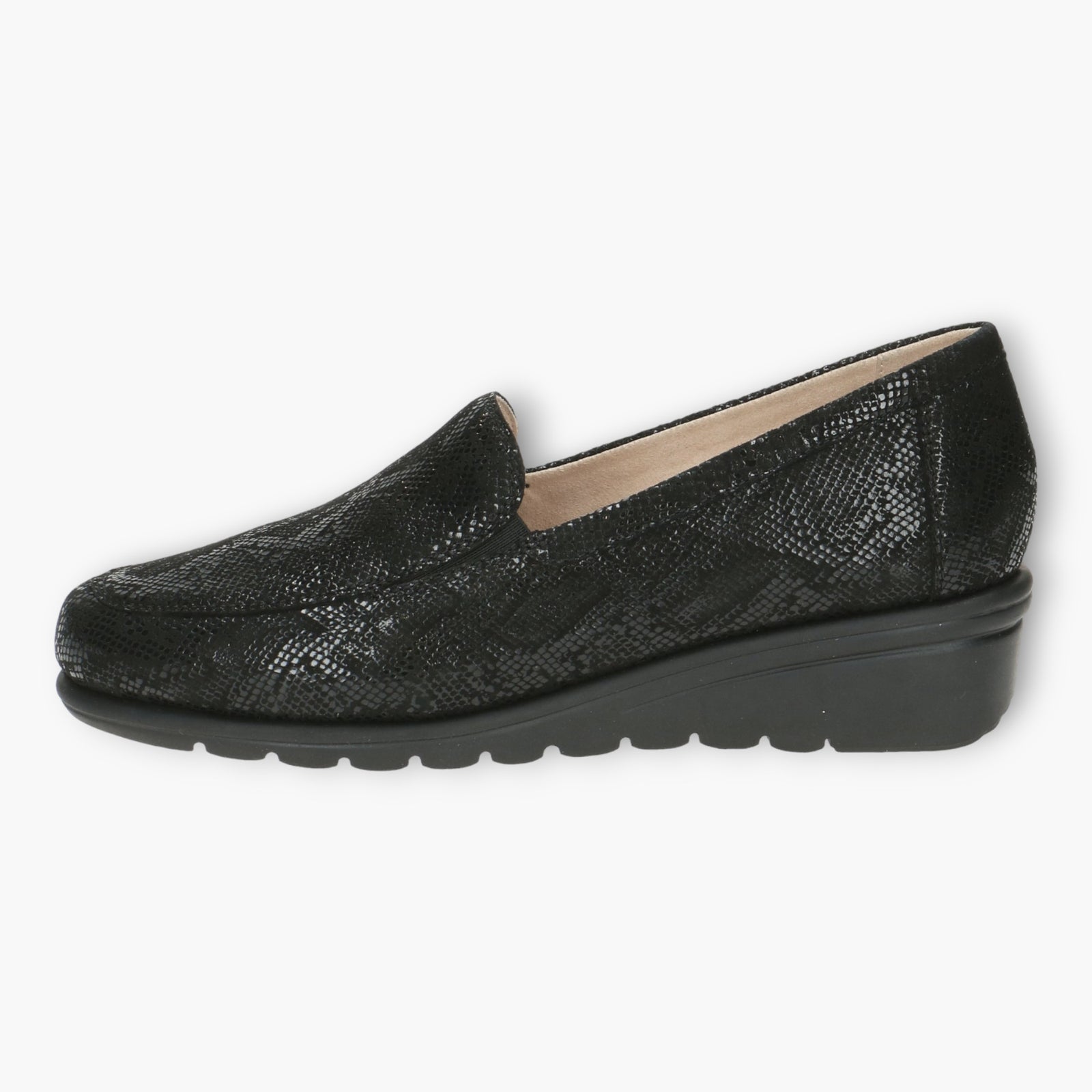 Wide Fitting Black Leather Slip-On Shoes with Wedge Sole - Caprice