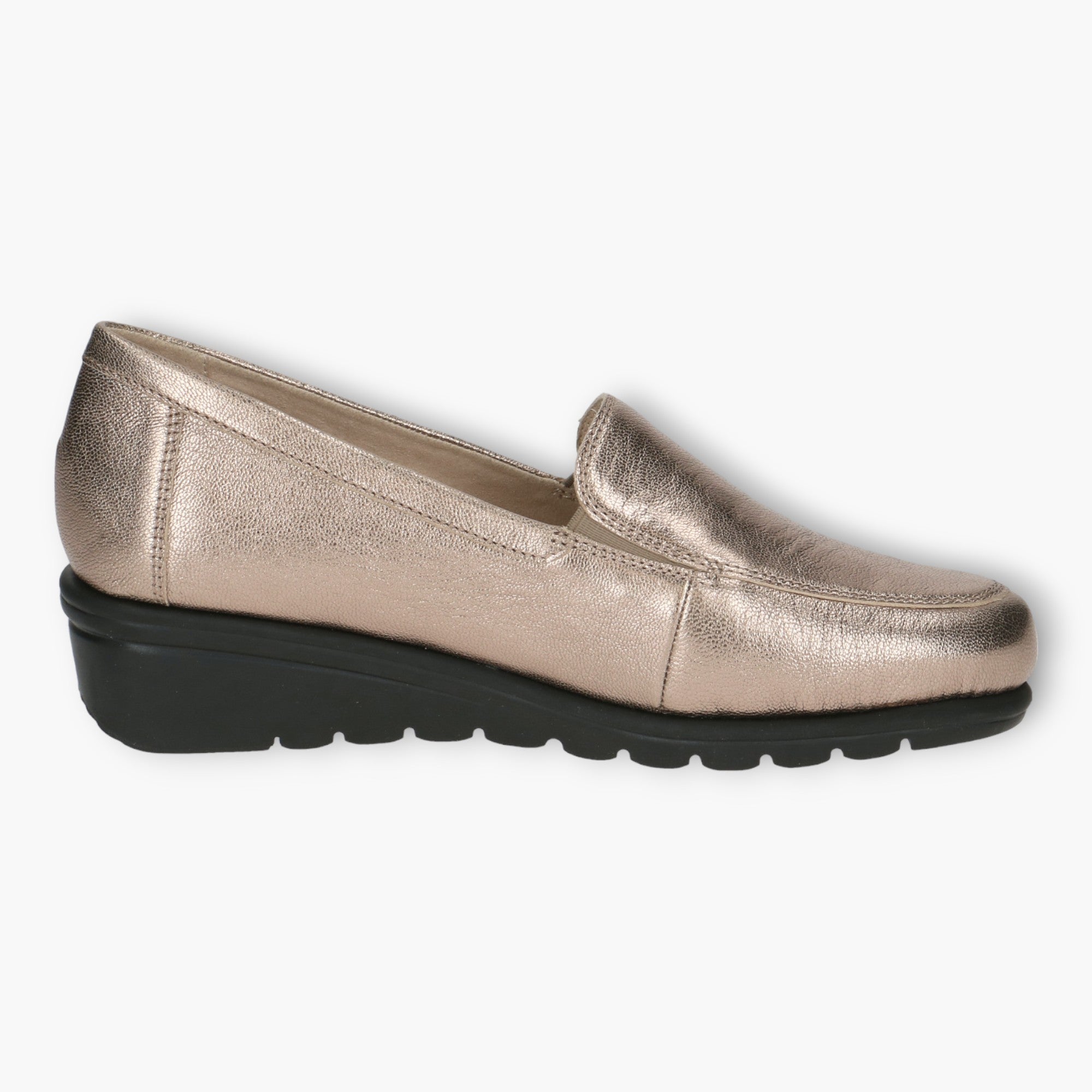 Wide Fitting Gold Slip-On Shoes with Wedge Sole for Women - Caprice - Leavys Shoes