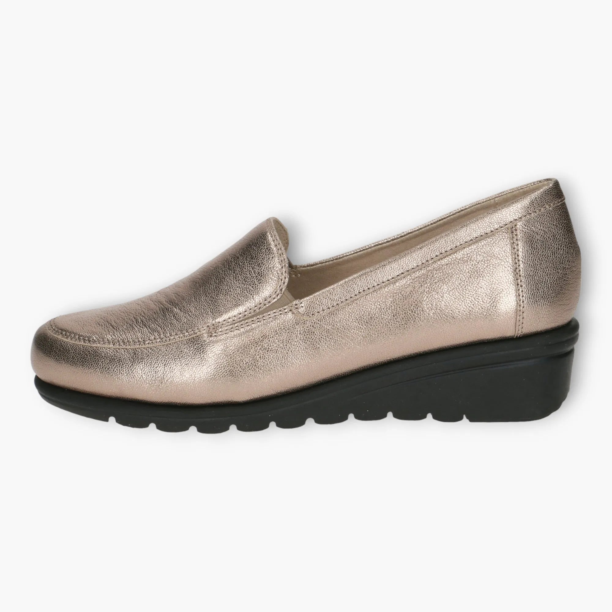 Wide Fitting Gold Slip-On Shoes with Wedge Sole for Women