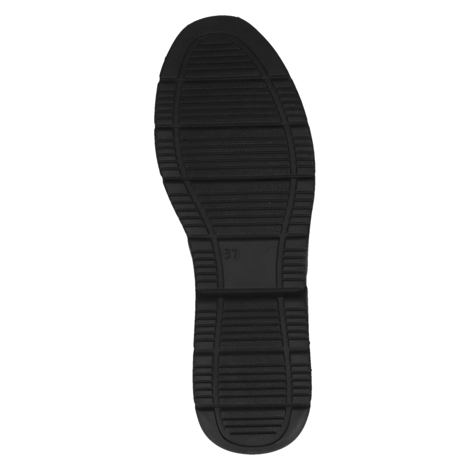 Sole and bottom heel view of Caprice Black Slip-On Shoe.
