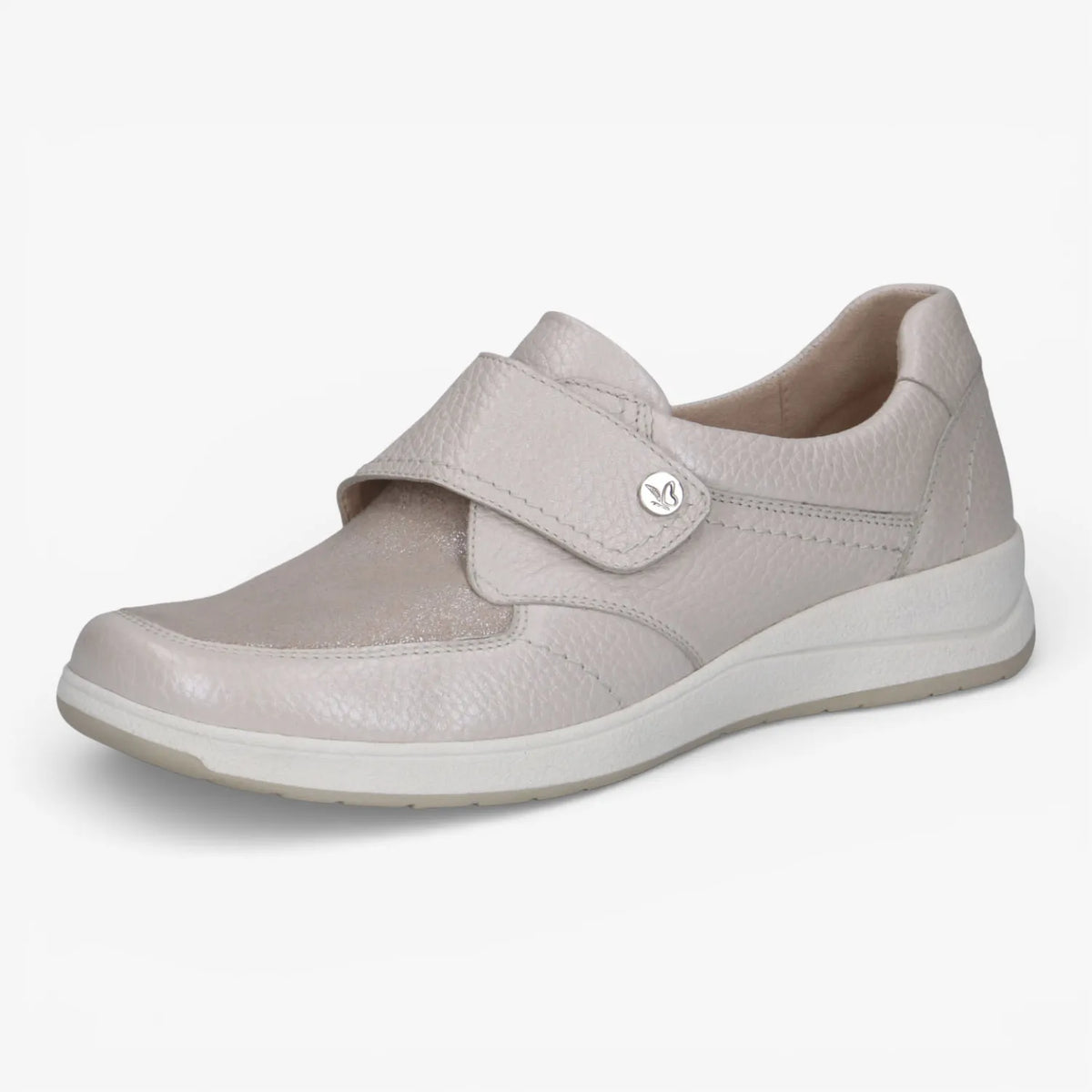 Light gray shoe with a strap on a white background