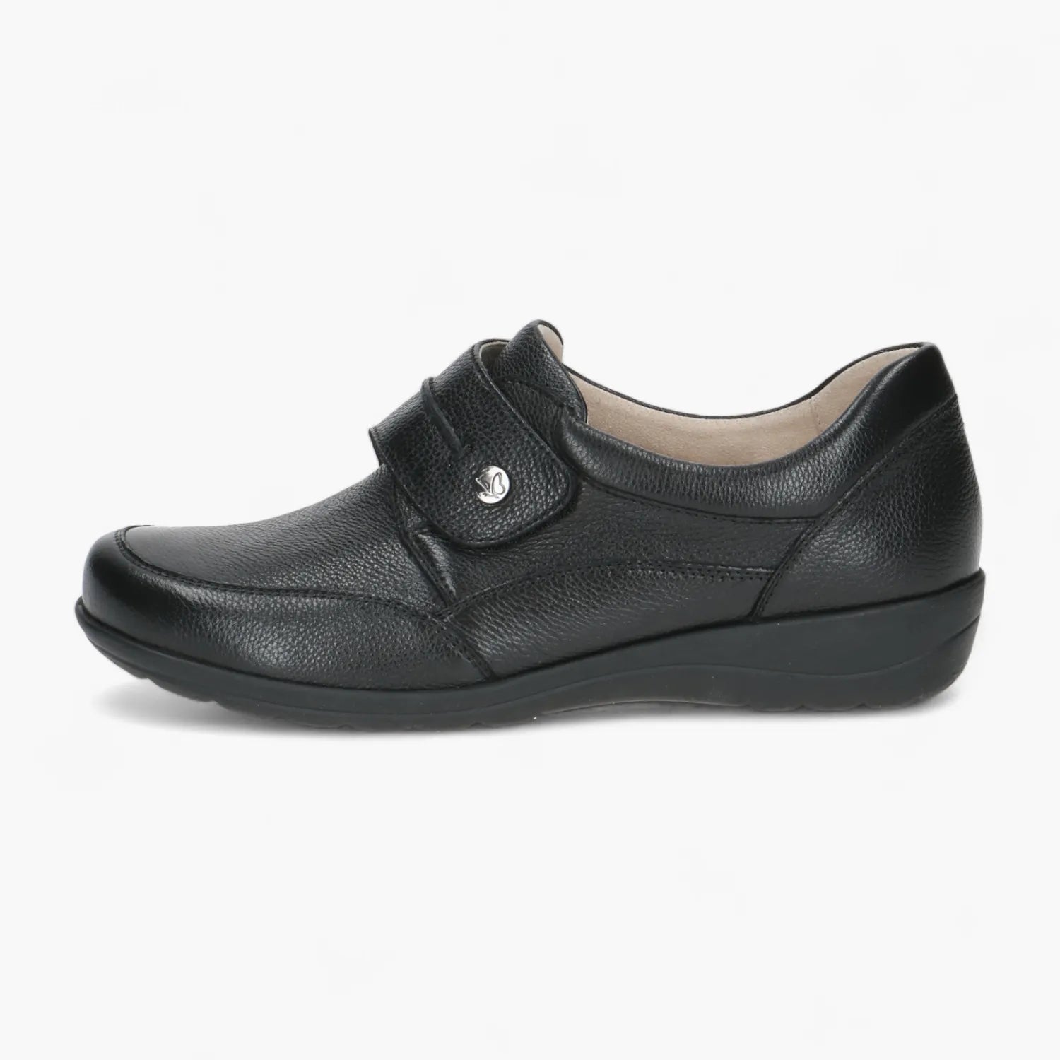 Caprice Black Leather Slip-On Shoe with Velcro Strap - Leavys Shoes