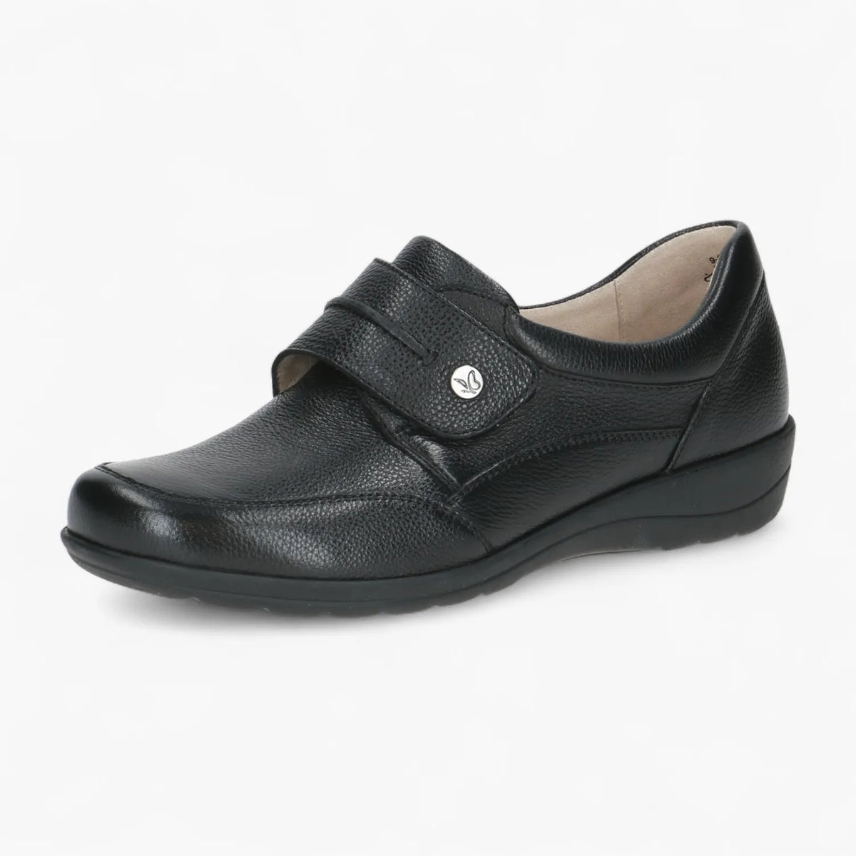 Caprice Black Leather Slip-On Shoe with Velcro Strap - Leavys Shoes