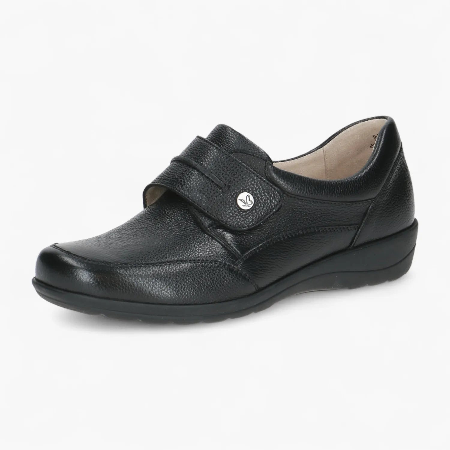 Caprice Black Leather Slip-On Shoe with Velcro Strap - Leavys Shoes