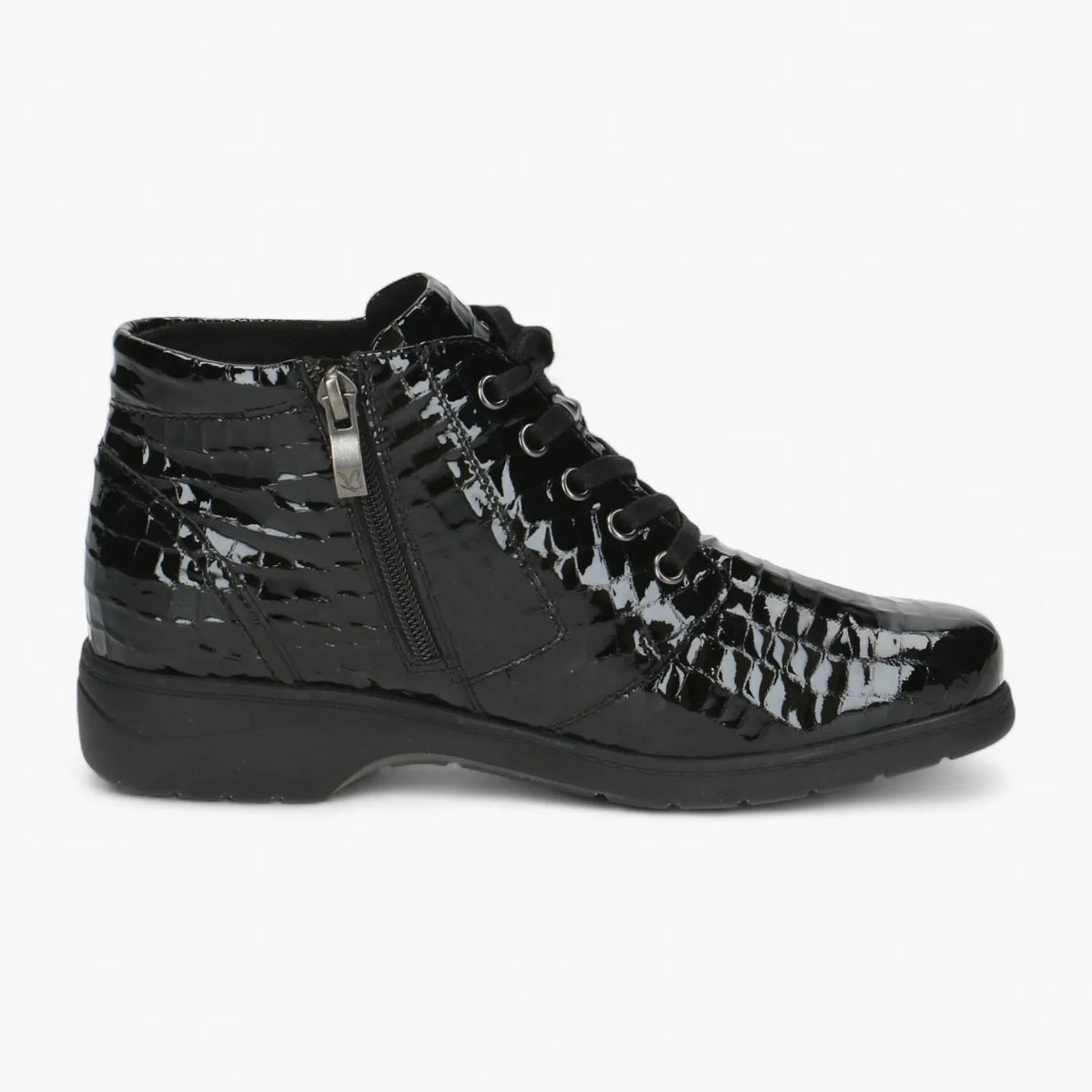 Caprice Black Croco Patent Ankle Boot with Comfort Fit - Leavys Shoes