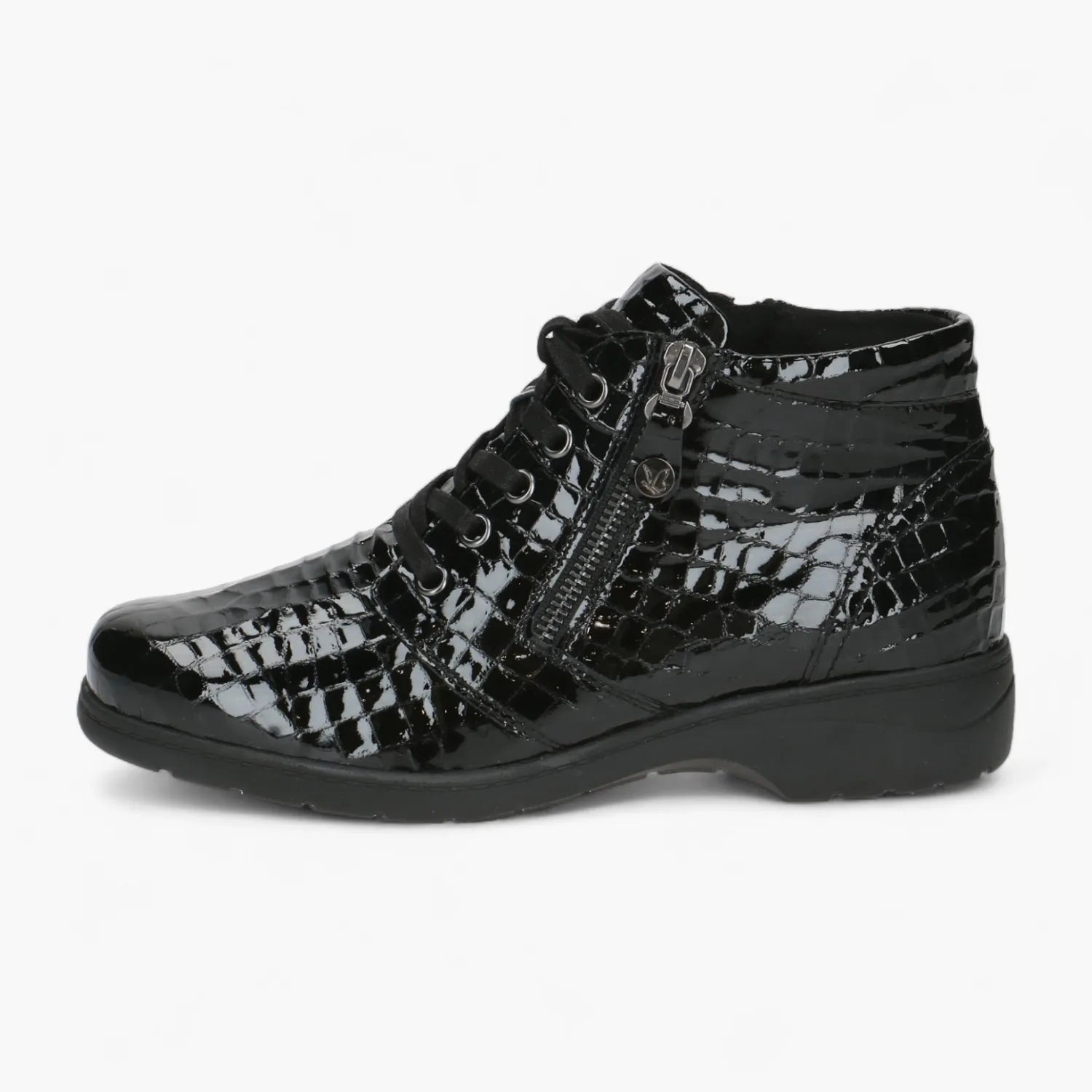 Caprice Black Croco Patent Ankle Boot with Comfort Fit - Leavys Shoes