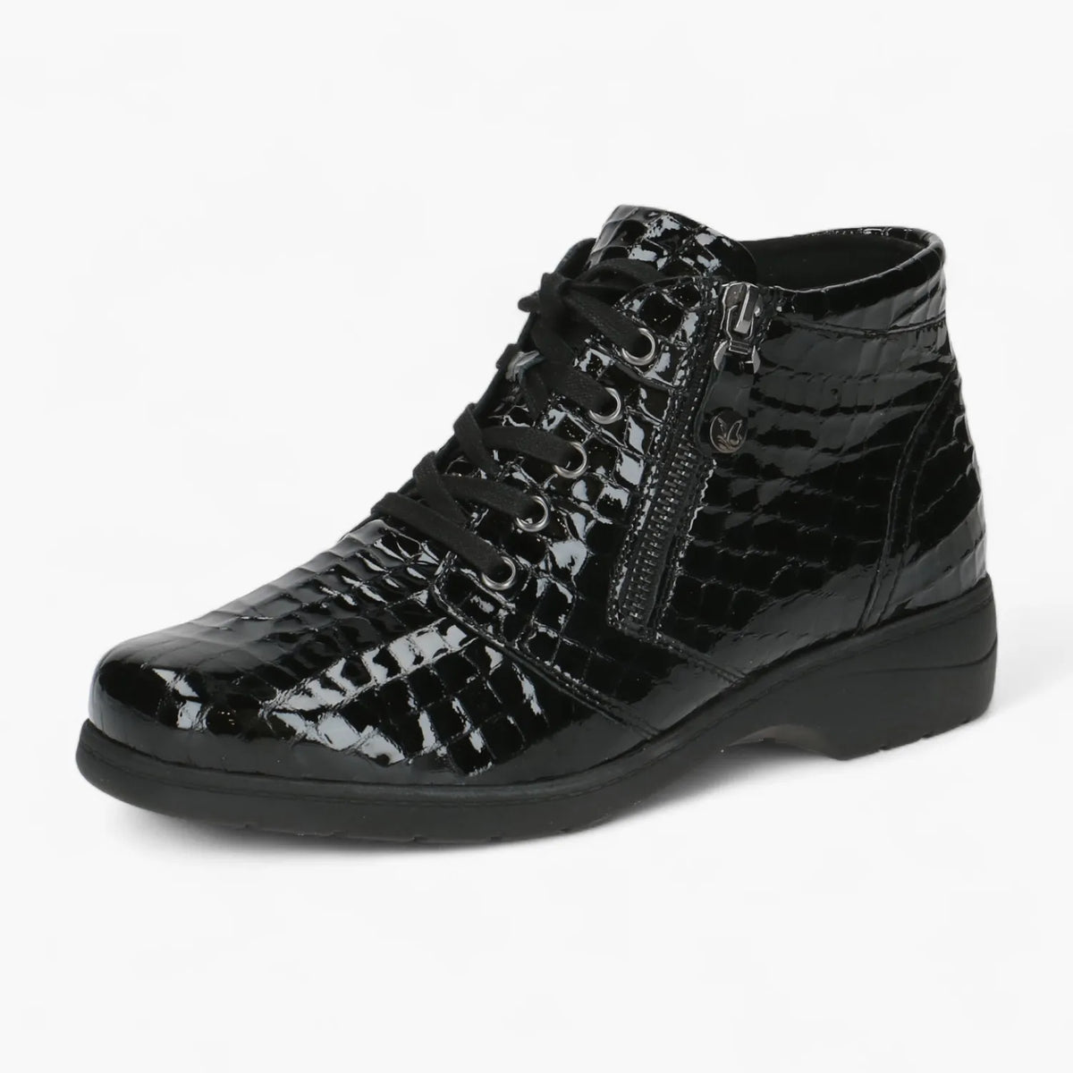 Caprice Black Croco Patent Ankle Boot with Comfort Fit - Leavys Shoes