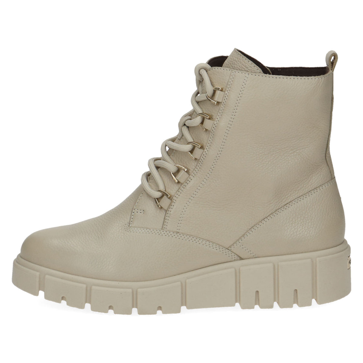 Front view of the cream leather ankle boot.