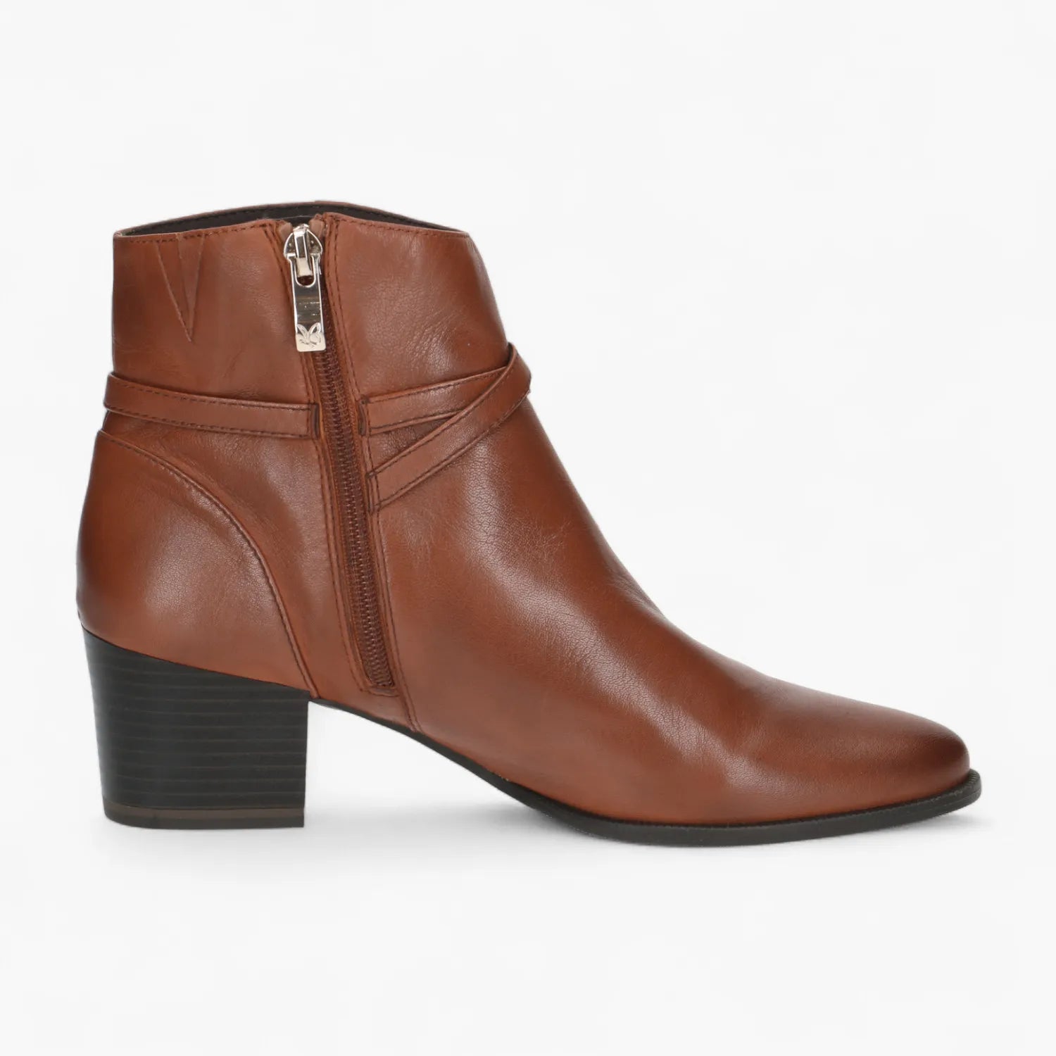 Caprice Cognac Nappa Leather Boot with Buckle Detail & Block Heel - Leavys Shoes